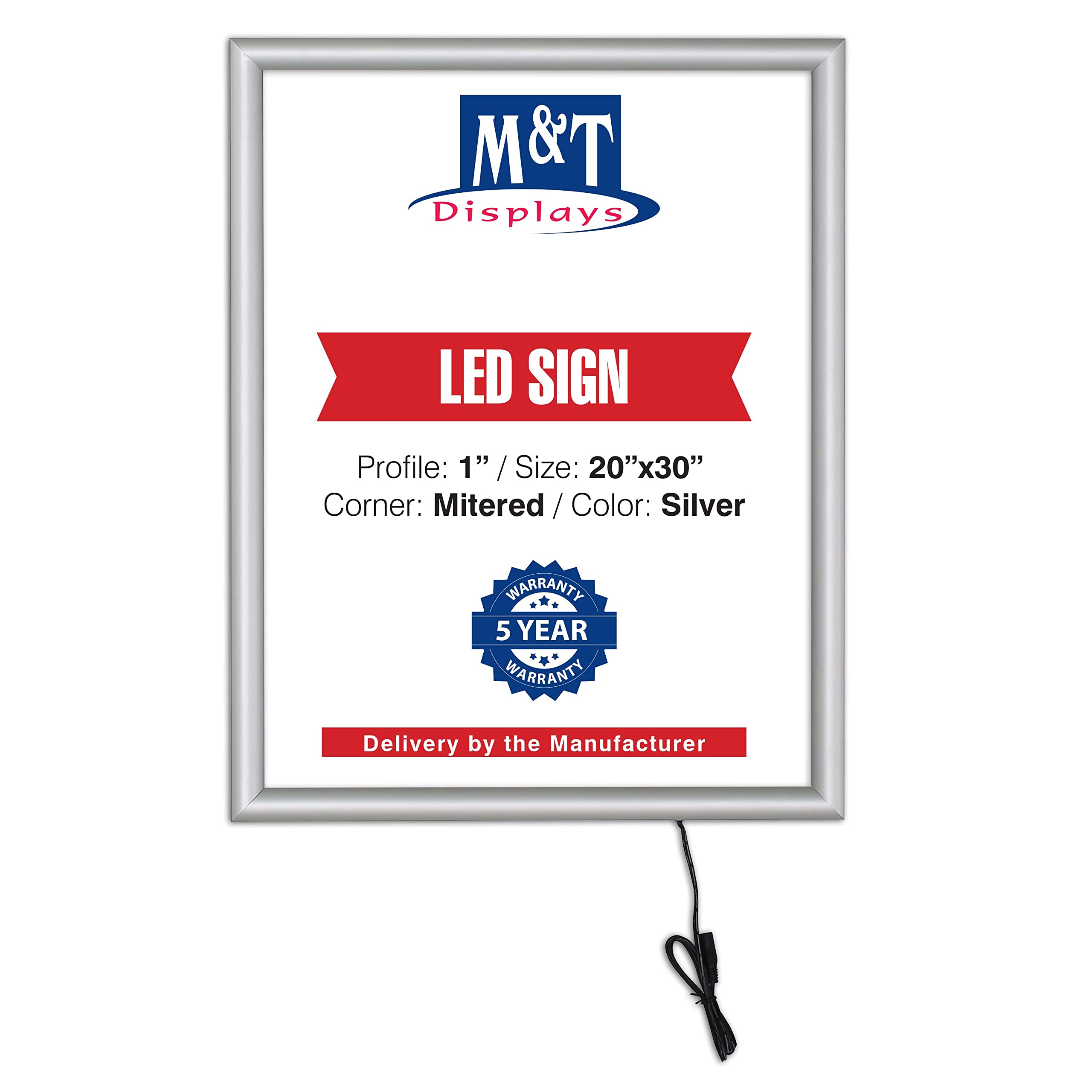 M&T Displays Best Buy LEDbox LED Backlit Poster Frame 20x30 Inch Silver 1" Aluminum Profile Front Loading Photo Picture Advertisement Sign Holder Mitered Corner Anti Glare Cover