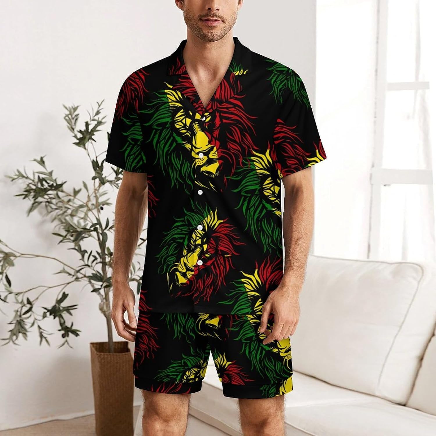 African Lion Rasta Jamaica Men's Short Sleeve Pajama Set Satin Silk Like Lounge Sleepwear