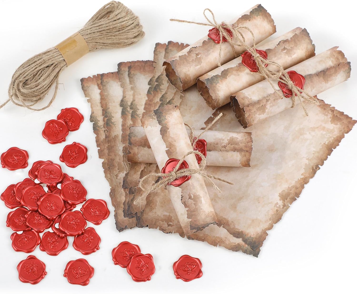 Sinload Vintage Writing Invitations Set Includes 100 Letter Antique Scroll Rustic Papers 100 Wax Seal Stickers 3 Strands of Twine for Valentines Mother Stationery Old Medieval Cardstock(8.5 x 11 Inch)