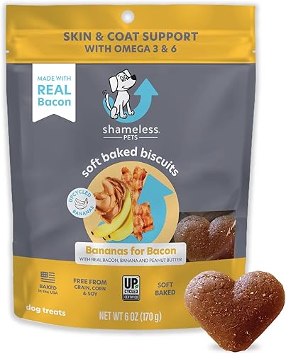 Shameless Pets Golosinas suaves para perros, plátanos para tocino, masticables naturales y saludables para el apoyo de la piel y el pelaje con Omega