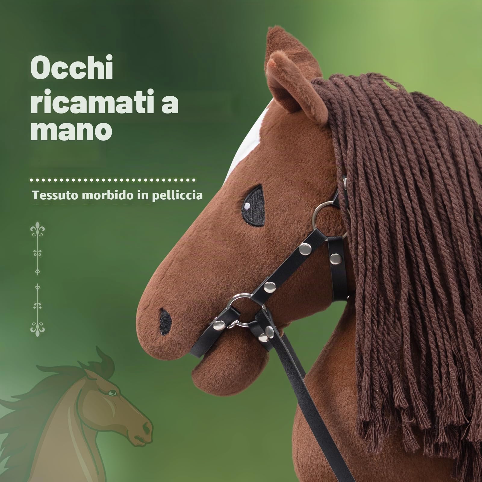 BEJOYCavallo in legno, peluche, per equitazione, per bambini, con cavezza e corda, marrone scuro