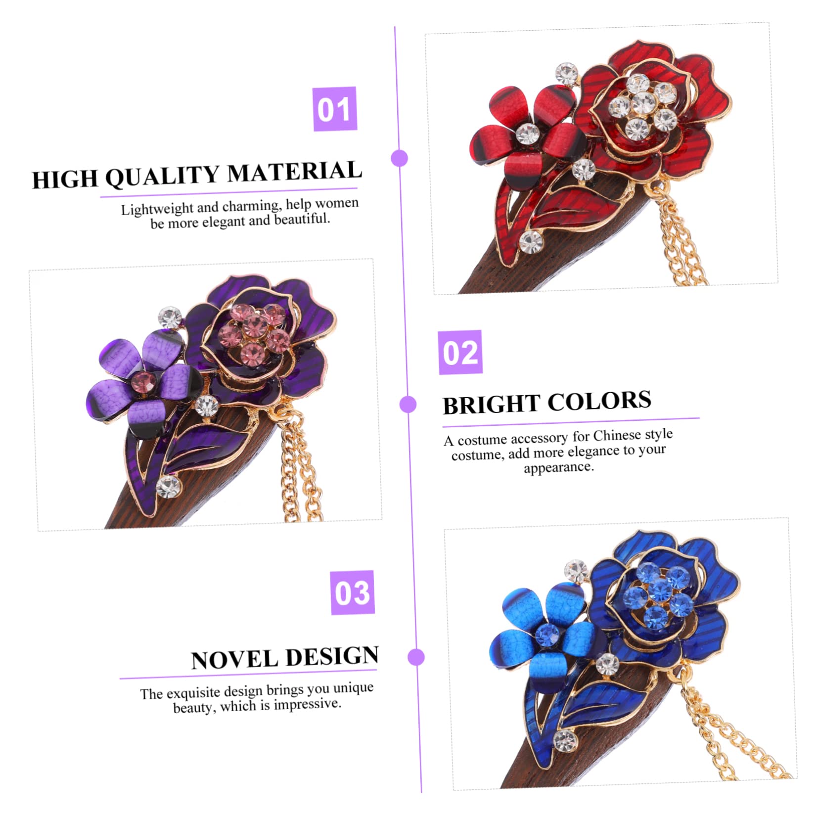 DOITOOL 3 Set Di Forcine Cinesi in Legno Per Chignon Accessorio Per in Stile Design A Forma Di Fiore Di Cristallo Per Chignon in Stile 3 Pezzi*3