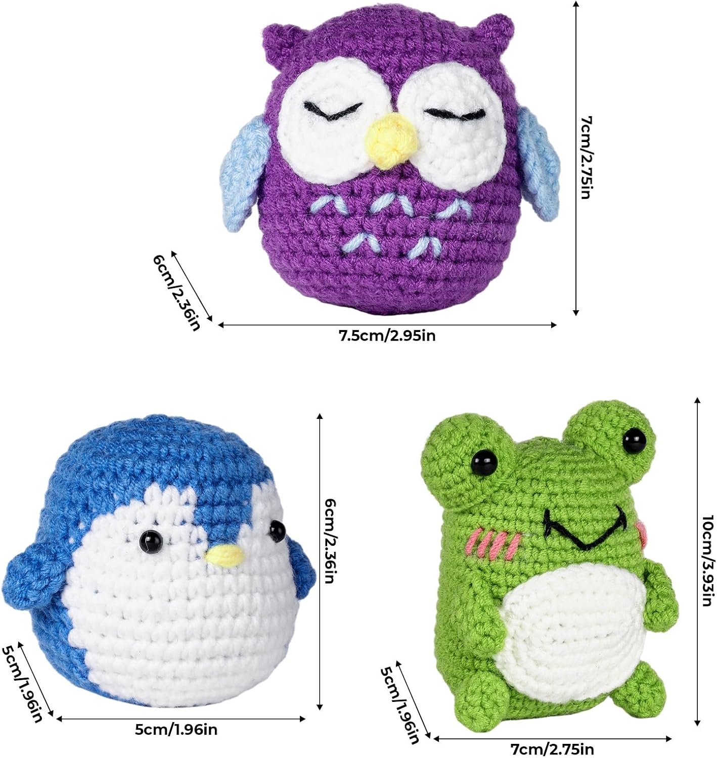 Baibos Crochet Kit for Beginners, Penguin, Owl, Frog-3 Pattern Animals, Crochet Set for Crochet Lovers Starters with Step-by-Step Video Tutorials and Yarns, Hook, Accessories