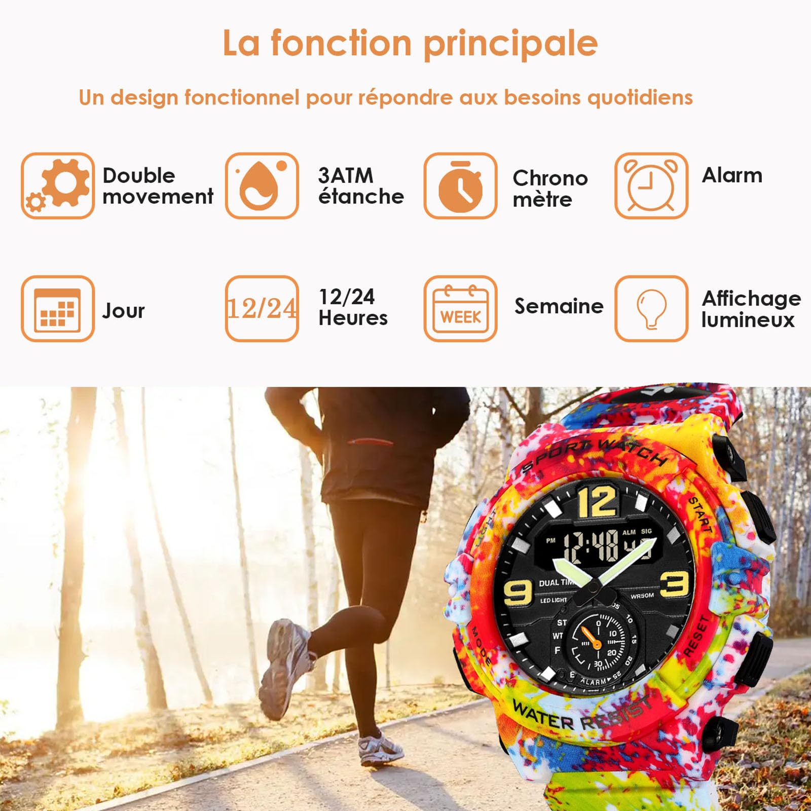 Reloj digital para hombre y mujer, con cronómetro, iluminación, alarma, calendario, cuarzo, doble tiempo, retroiluminación, reloj deportivo con correa de silicona