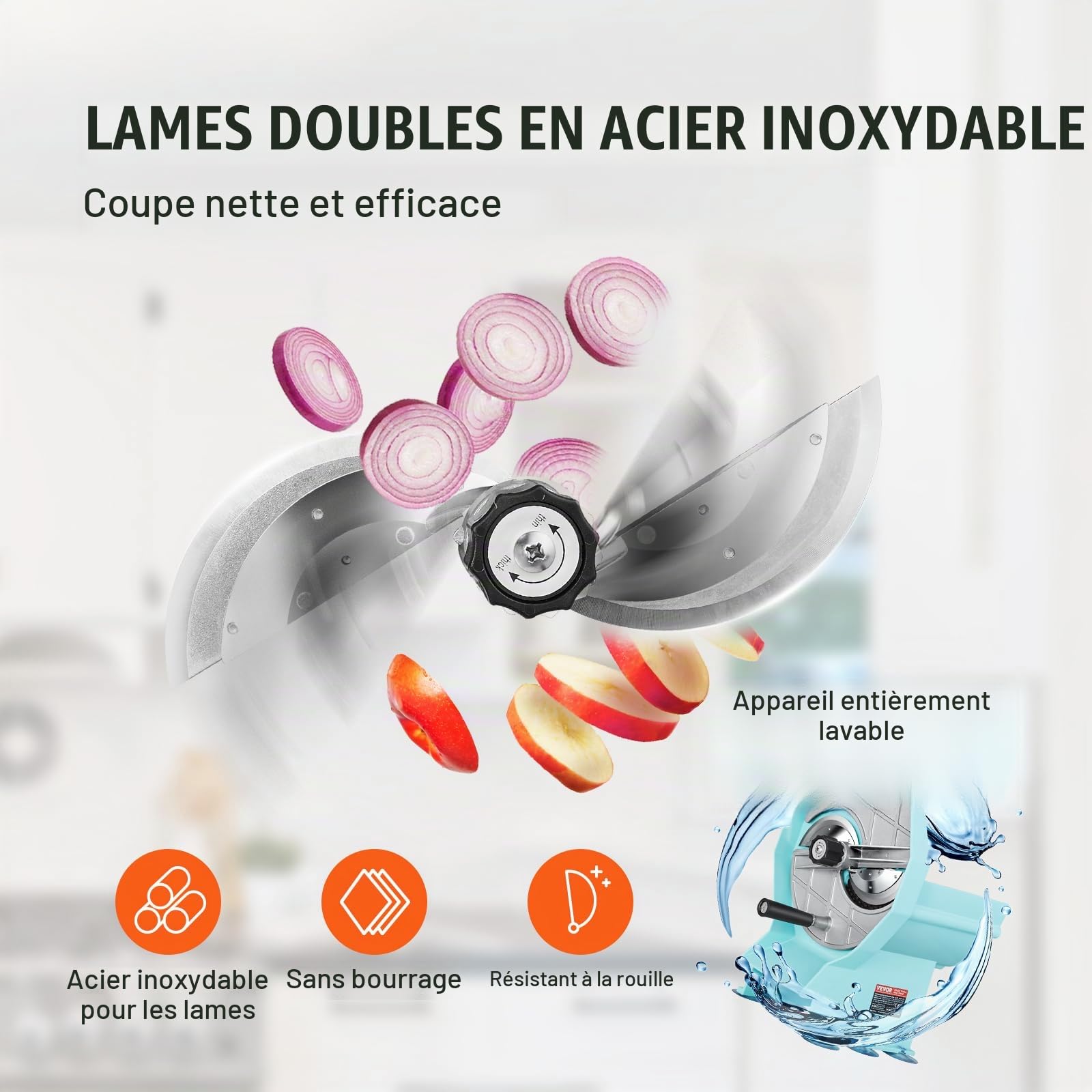 VEVOR Trancheuse Manuelle pour Légumes et Fruits, Coupe-Légumes Épaisseur Réglable 0-12 mm, Double Ports d'Alimentation, Lame en Acier Inoxydable, Machine à Trancher pour Concombre, Citron, Tomate
