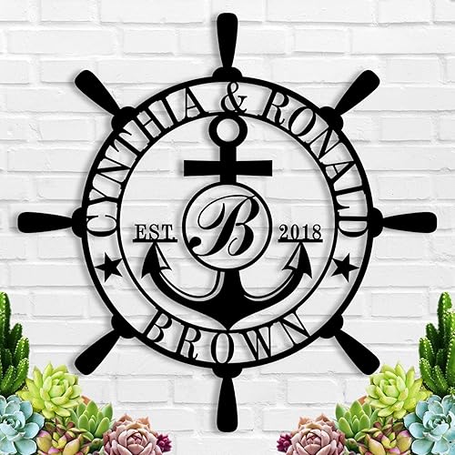 Letrero personalizado con nombre de familia, decoración de pared náutica, letreros de metal personalizados con apellido, arte de pared de metal,