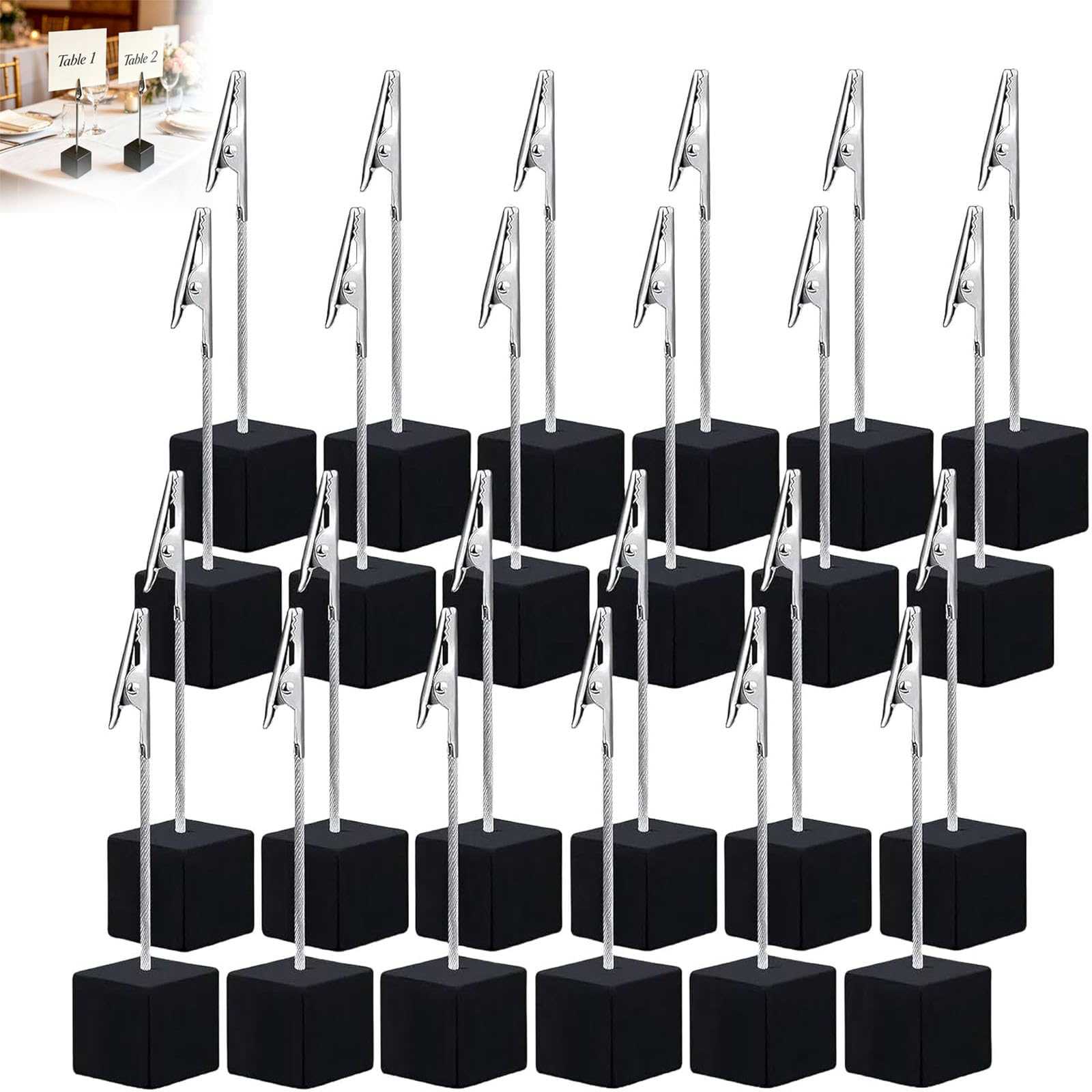 24Pcs Memo Clip Holders, Wooden Cube Place Card Stands with Crocodile Clips, Mini Photo Display & Place Card Holders for Wedding Reception, Event Name Cards, Office Desk Memo (Black)