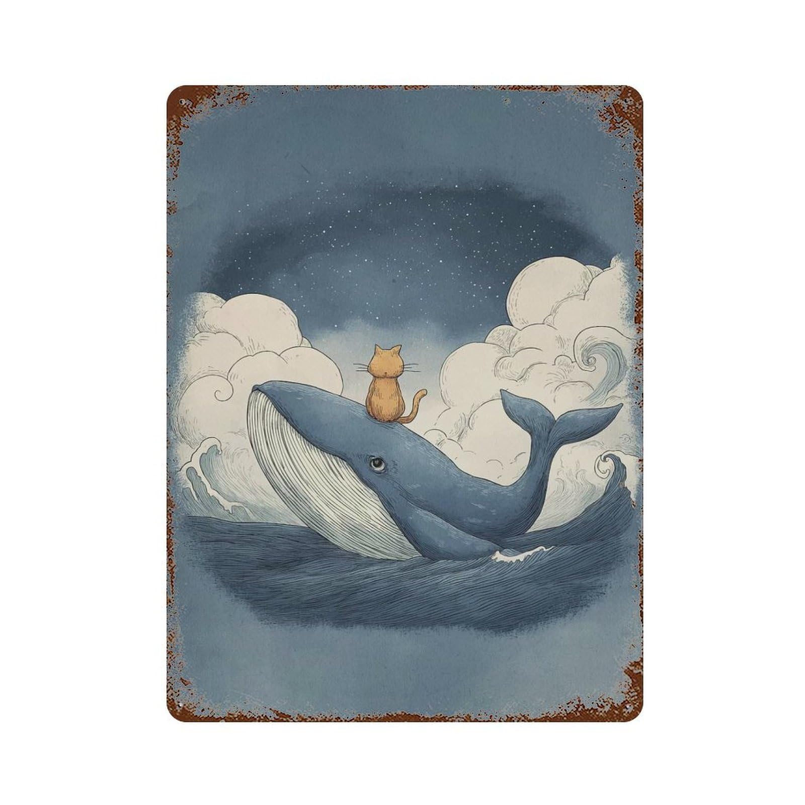 Rust Effect Cat Riding A Whale Vintage Rust Metal Sign 15.7"x11.8", Farmhouse Wall Decor for Basement, Hobby Room And Garage Decor