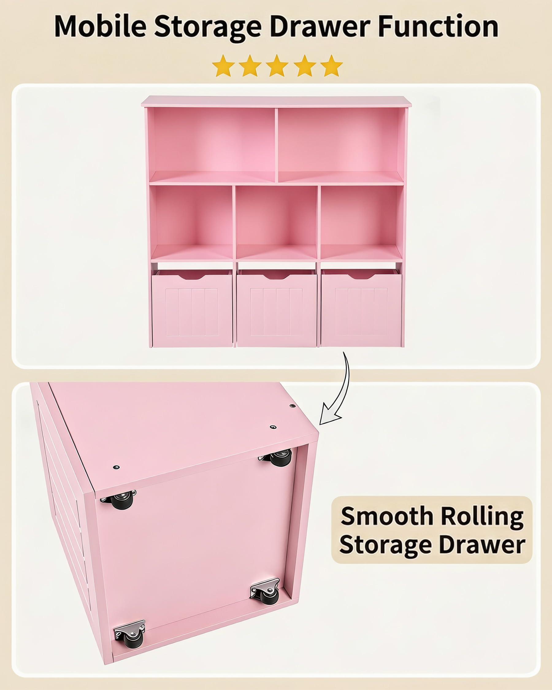 hitsuki Kinder Bücherregal Rosa mit 3 Schubladen und Rollen