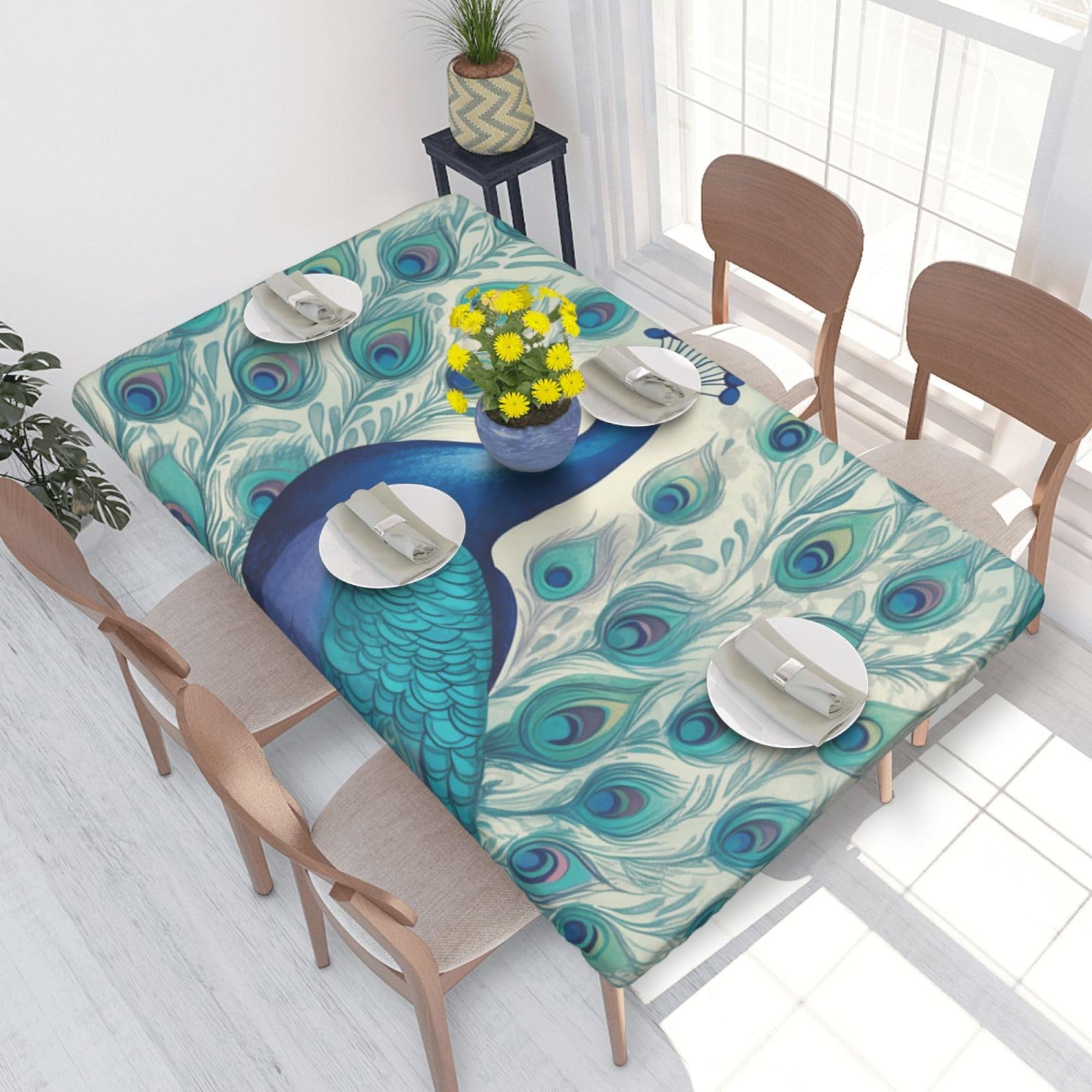 Cute Peacock Waterproof Square Table Cover Elastic Fitted Tablecloth Oil Proof Table Protector For 4ft Table
