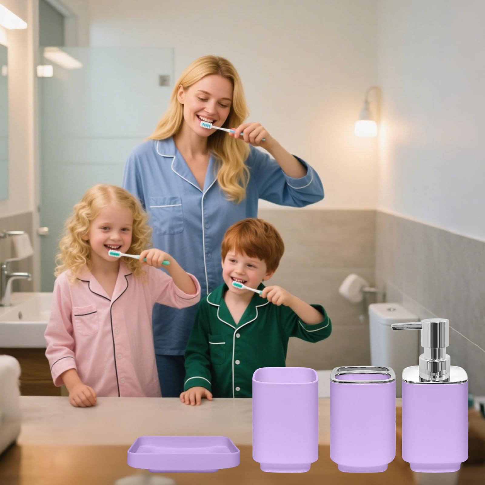 Juego de accesorios de baño de 4 piezas, juego de accesorios de baño de color morado claro, incluye soporte para cepillos de dientes, dispensador de jabón, jabonera y vaso para cepillos de 5