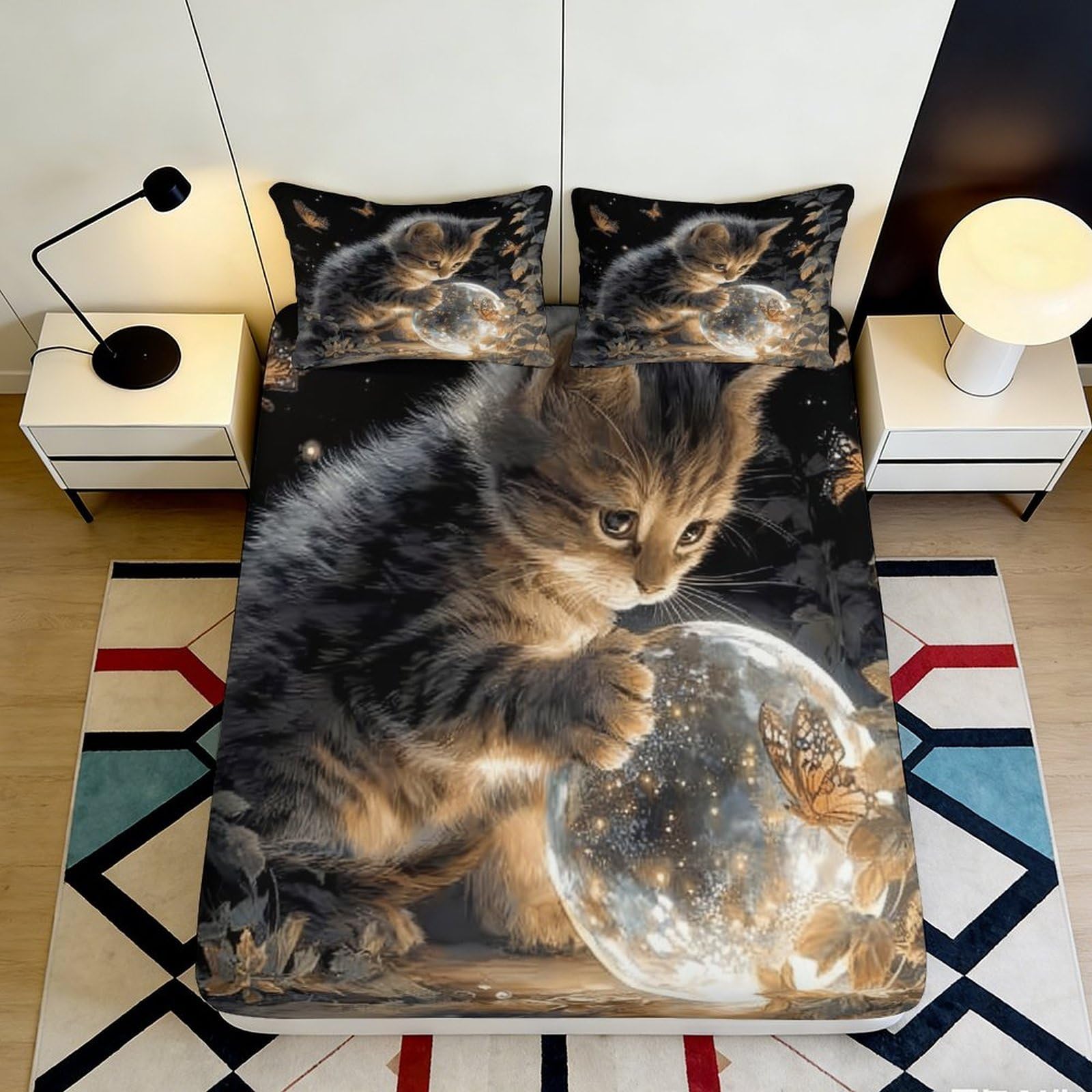 3D Printed Kitten Moonlight Fitted Sheet Microfiber Soft Non-slip Butterfly Bed Cover for Bedroom Dorm Decor 140x200x25cm