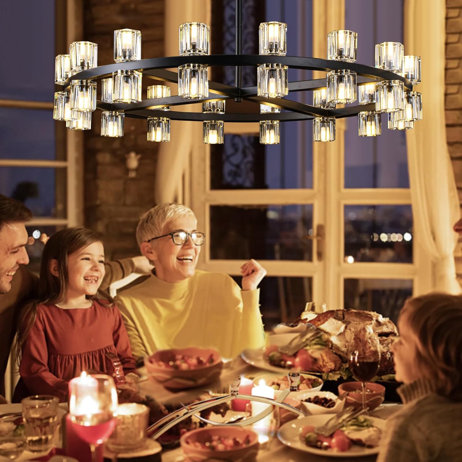 36" Black Wagon Wheel Chandelier, Extra Large Chandeliers for high Ceilings, Round Crystal 32 Lights Chandelier for Dining Room Kitchen (Bulb Include)