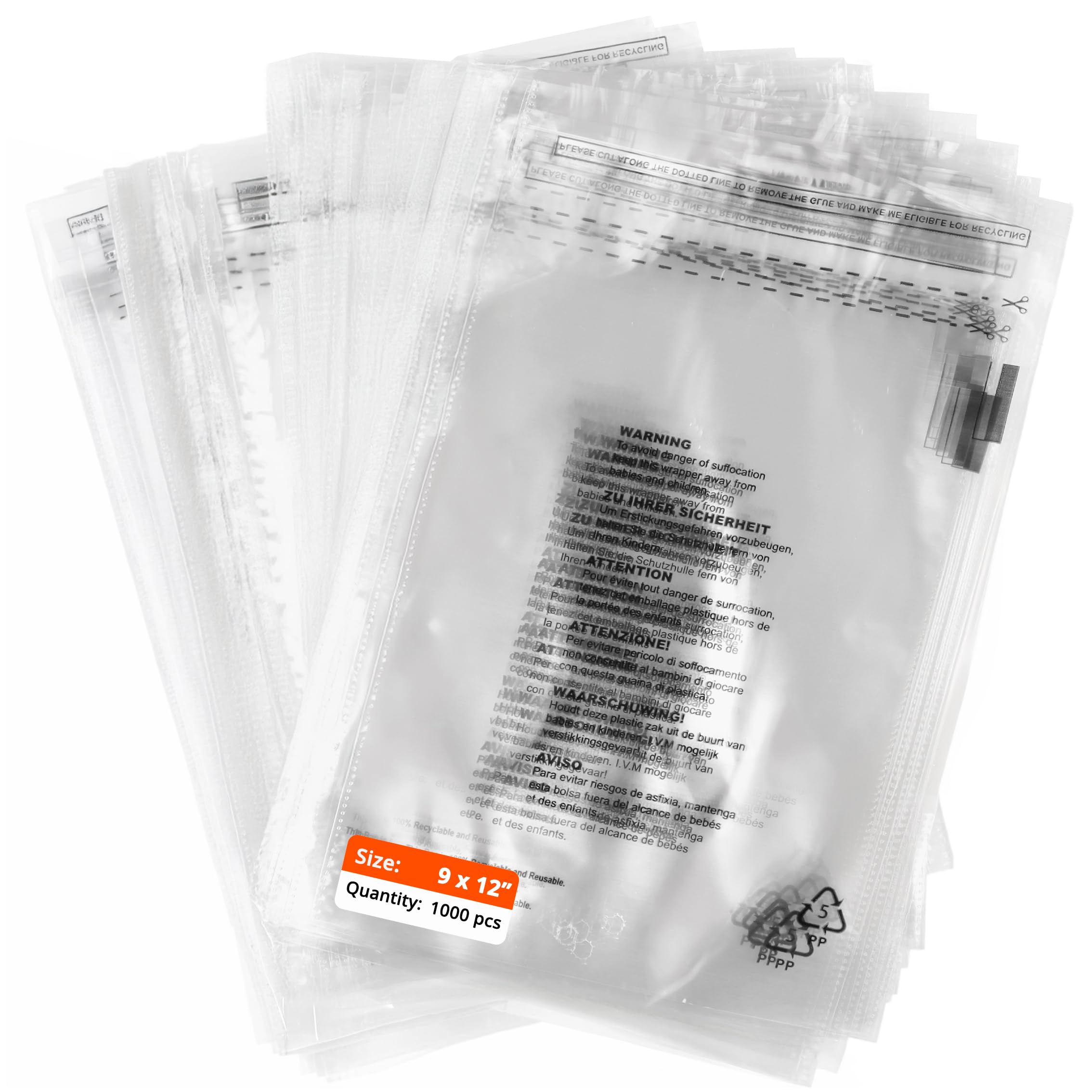 1000 Pack 9 x 12" Clear Self Seal Poly Bags with Suffocation Warning, Clear OPP Bag 230 x 305mm, Transparent Poly Bags for Clothing, Garment & Packaging Use