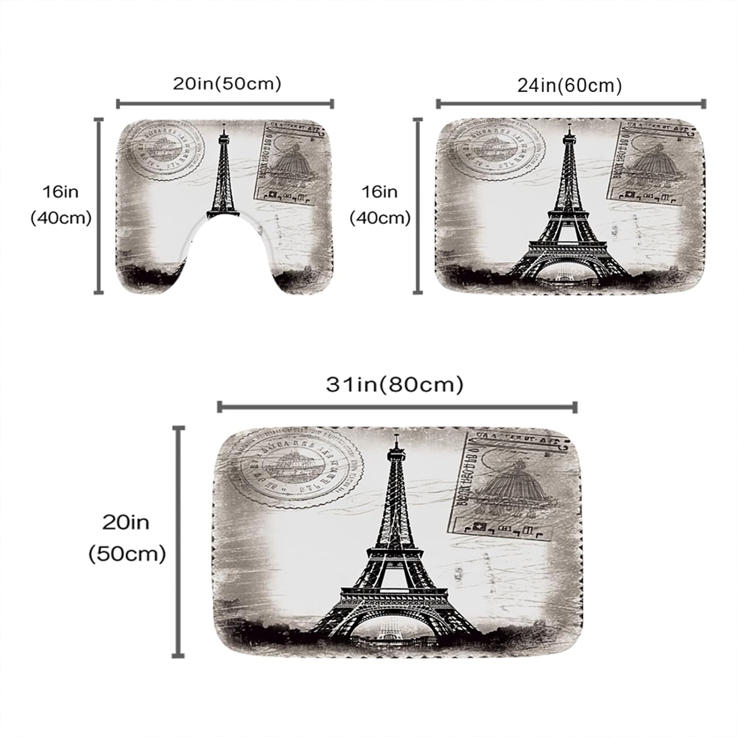 Postcard Theme Eiffel Tower Paris Bathroom Rugs and Mats Sets, 20 x 31 Large Imitation Cashmere Bath Mat, 16 x 20 U-Shaped Contour Shower Mat Non Slip, Bath Rugs 16 x 24 Inches
