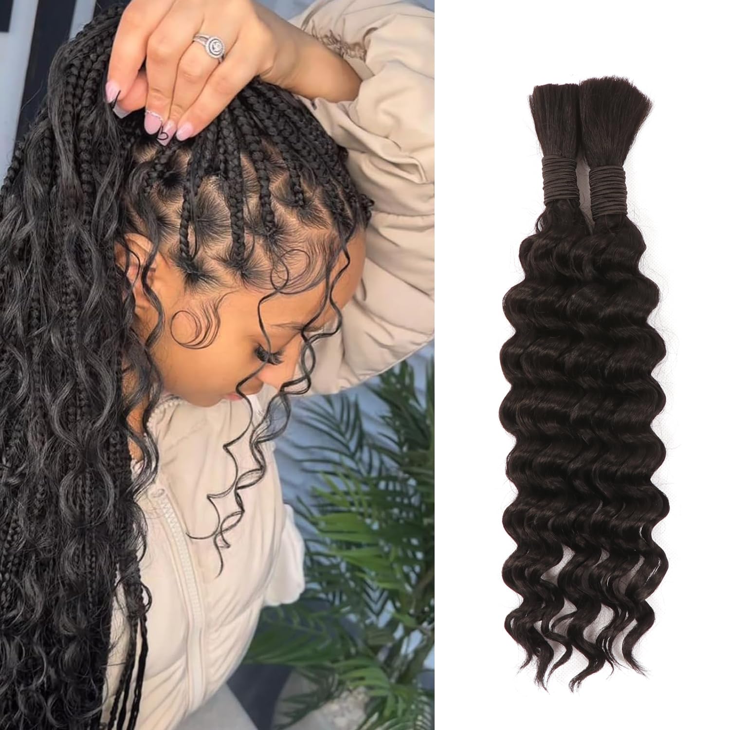12 Inch Short Boho Braids Human Hair Extensions 100g 2 Bundles No Weft Human Bradiing Hair Wet and Wavy Deep Wave Bulk Human Hair for Knotless Braids (1B#