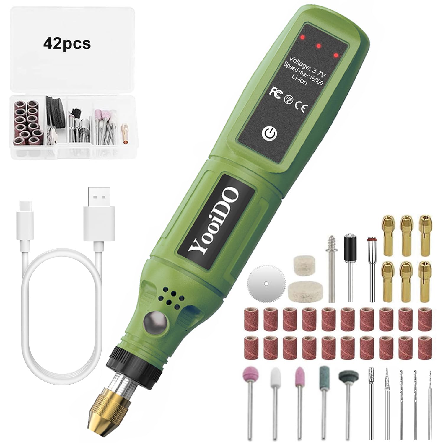 YooiDO ミニルーター リューター 3.7V 無線ルーター 3段変速 最大16000RPM/Min 42pcsワイヤレスリューター ルーター工具TYPE-C充電式 研磨/彫刻/切削/穴あけ/汚れ落とし/錆落とし/切断/つや出し/ネイルアート DIY軽作業 ミニ工具セット 電動ルーター 充電式りゅーたー（マリングリーン）