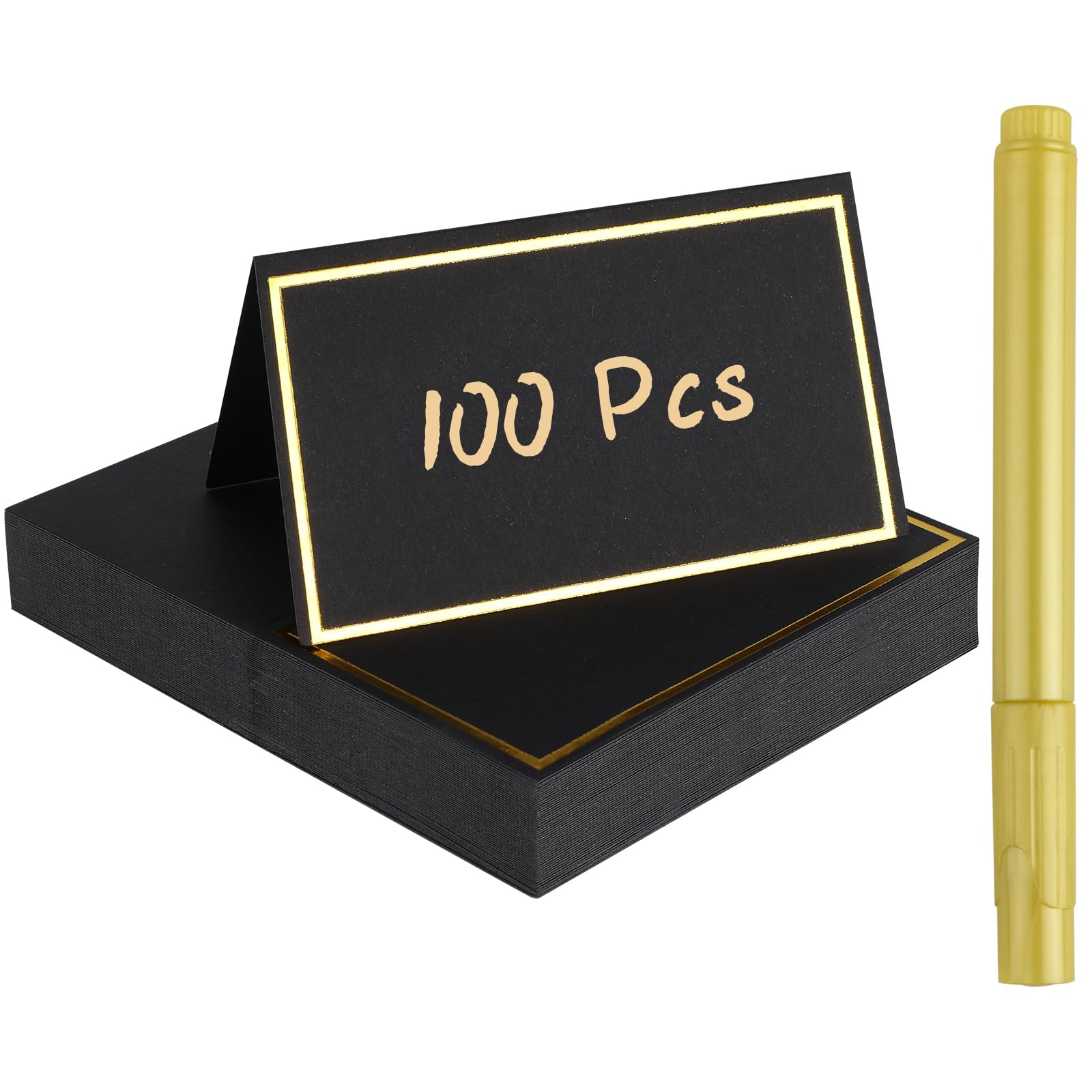 100 Pieces Place Cards, Black Blank Name Place Cards with 1 Marker Pen, Table PlaceCards, Table Name Card, Wedding NameCard for Communions, Birthdays, Festivals, Parties, Christenings