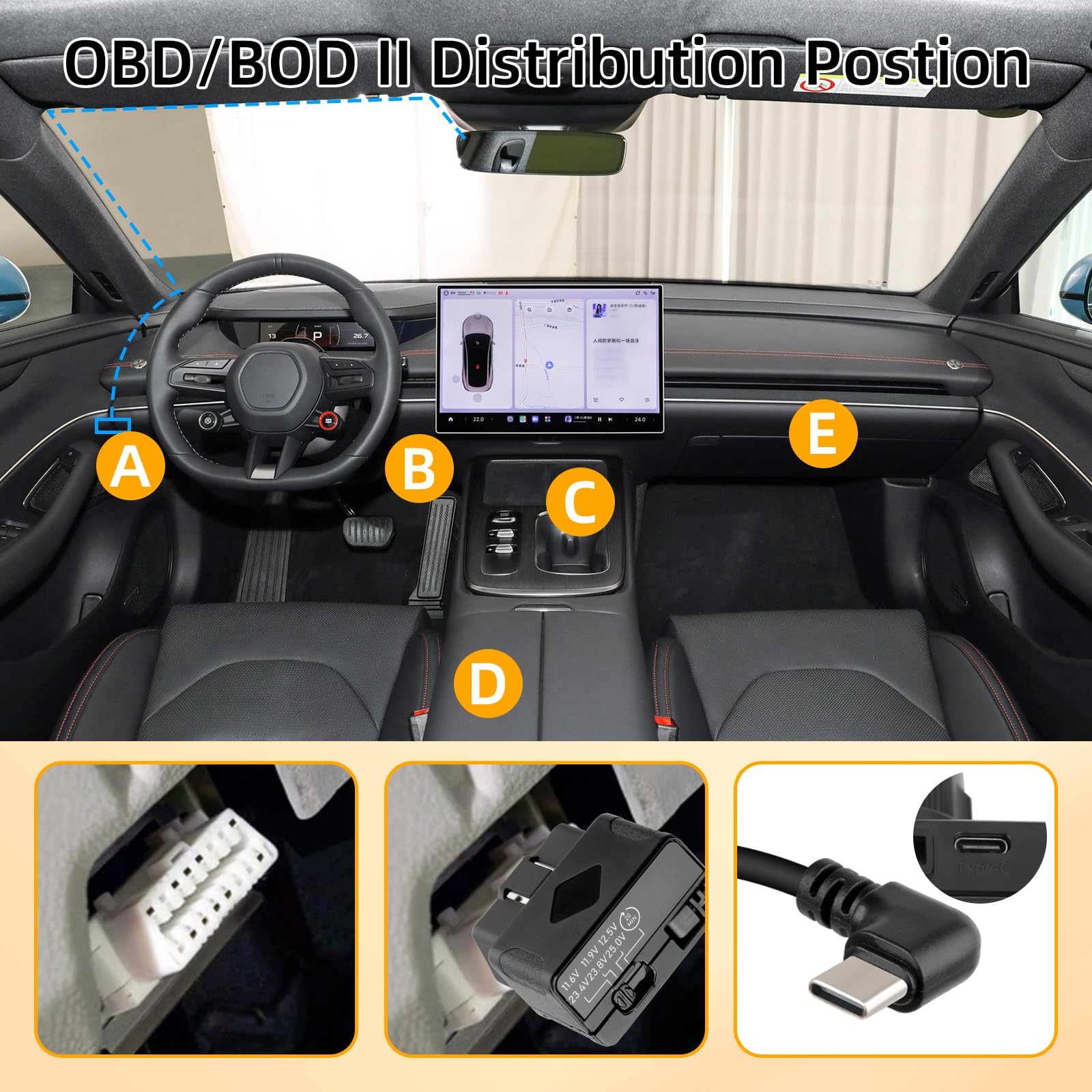 GELRHONR Kabel zasilający OBD2 na USB C do kamery samochodowej z wyświetlaczem LED i ochroną przed niskim napięciem, 12-30V do 5V/3A OBDII do kątowego adaptera typu C, 24 godziny nadzoru i tryb Acc 2