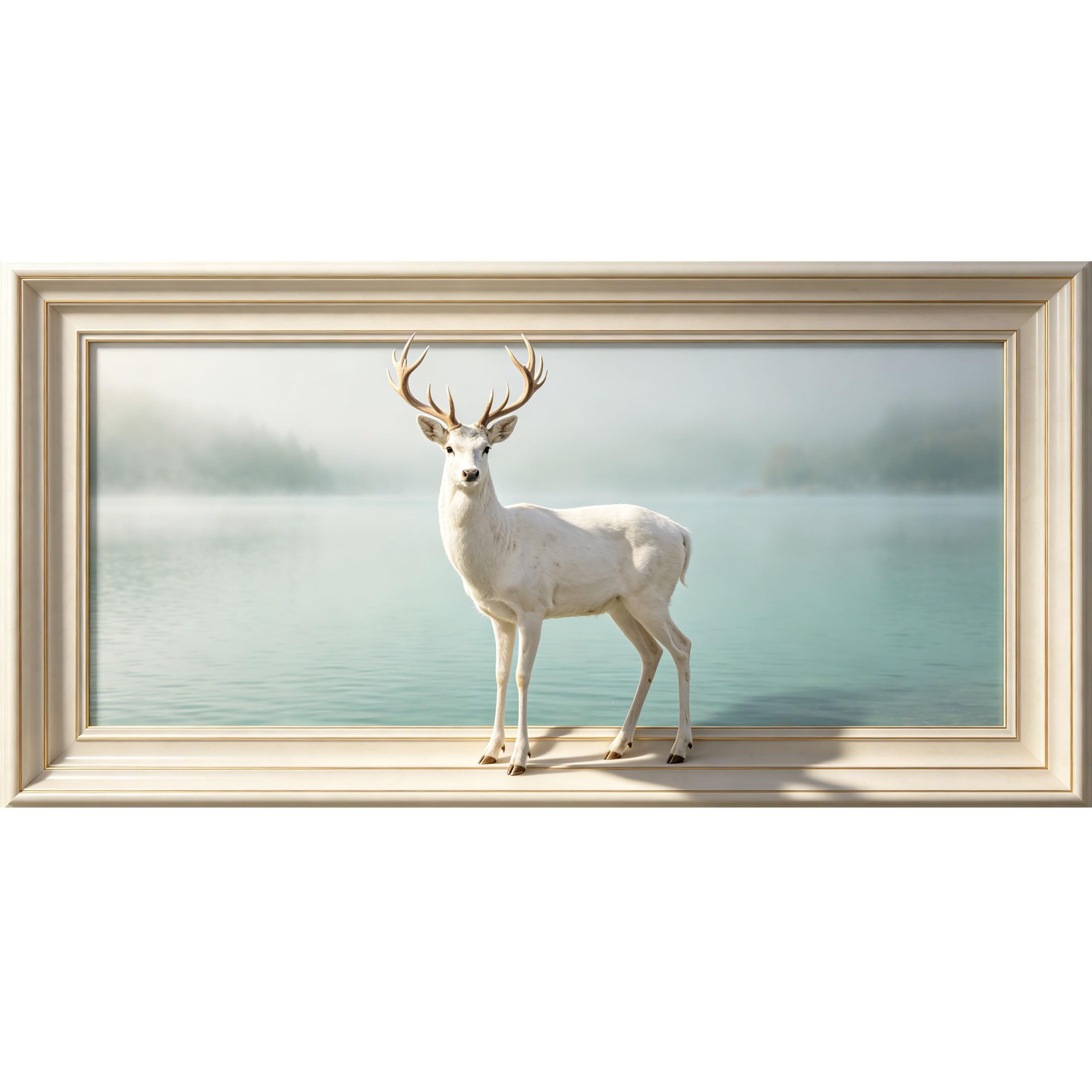Agglomerix 3D Framed Wall Art White Deer Lake Fog Landscape Mountain Nature Animal 3D Trompe l'oeil Large Size SelfAdhesive Removable Wall Decor Prints Artwork for Living Room Bedroom Office