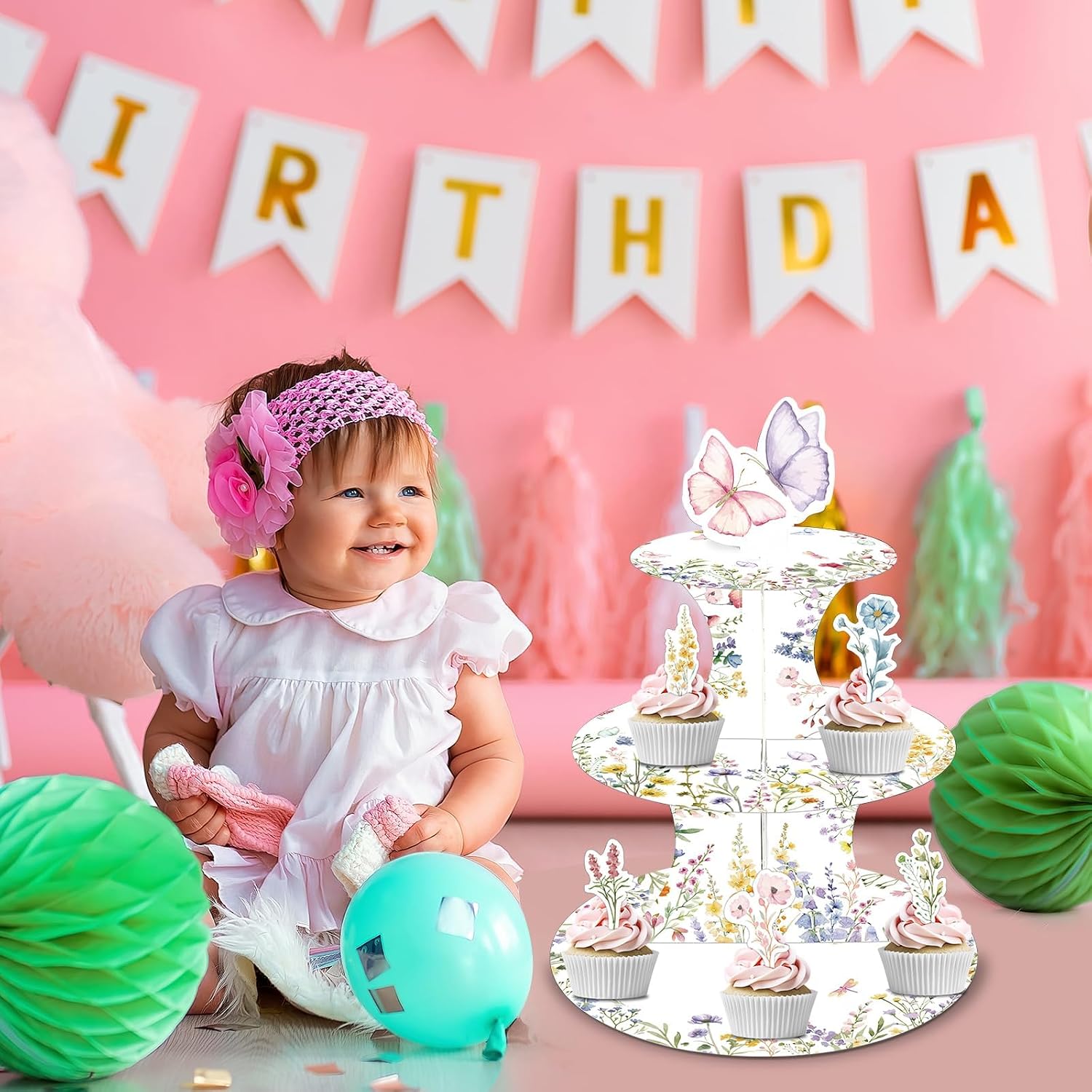 19Pcs Wildflower Party Decorations 3 Tier Floral Tea Cupcake Stand Centerpieces Spring Party Flower Cupcake Toppers Kit Butterfly Dessert Tower for Baby Bridal Shower Wedding Birthday Supplies Favors
