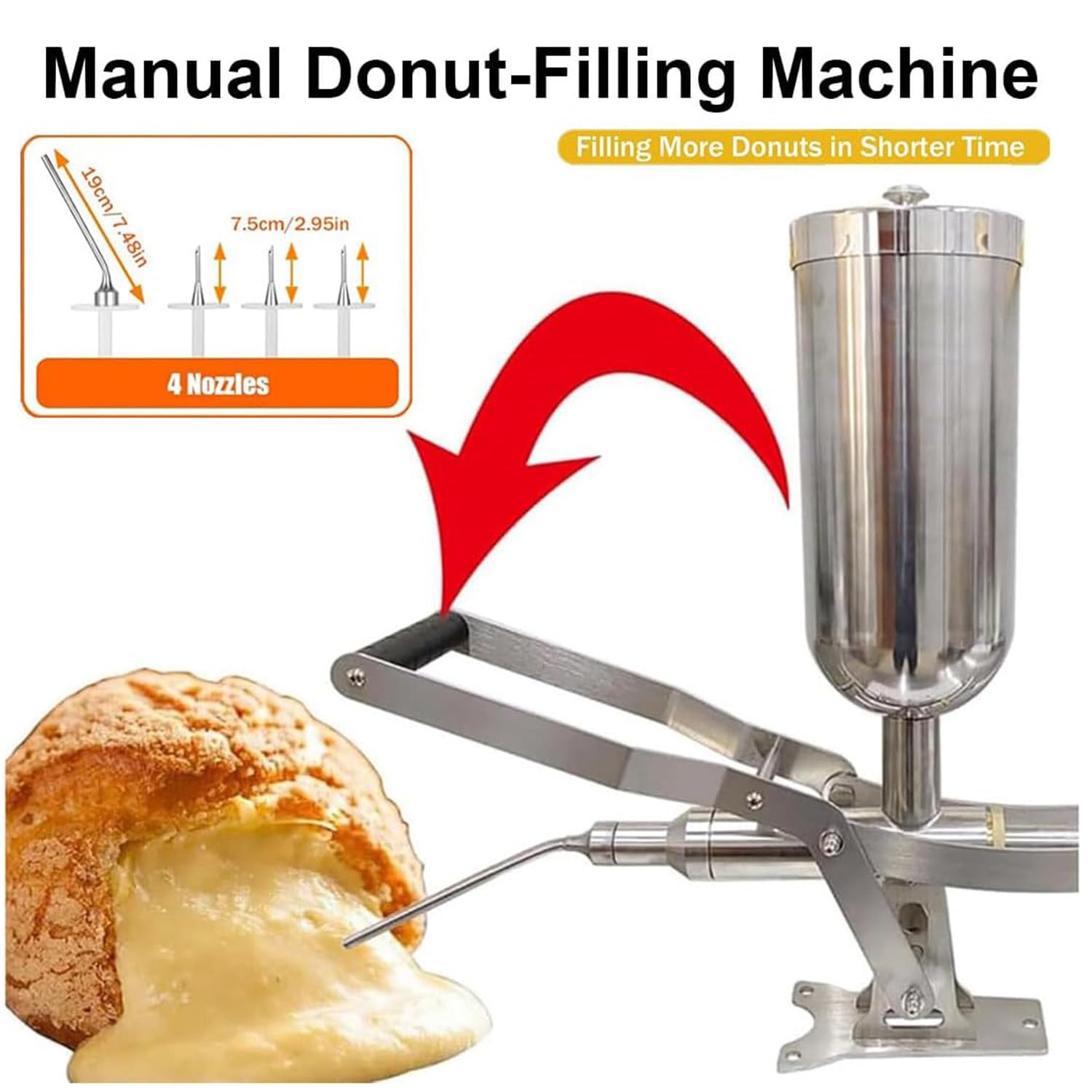 Máquina de Relleno Manual para Donas 5L Acero Inoxidable - Rellenadora Profesional de Crema,Mermelada y Chocolate con 4 Boquillas Antigoteo,para Panaderías y Restaurantes