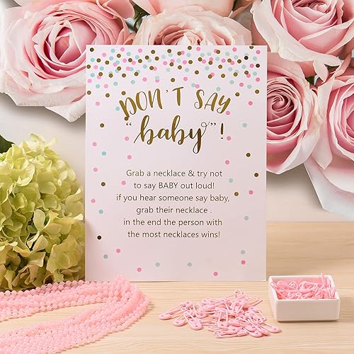 Miniatura 2 de Juegos de baby shower para niña, incluye 1 letrero de «Don't Say Baby » y 24 piezas de collar de cuentas rosas, 72 piezas de mini pin rosa