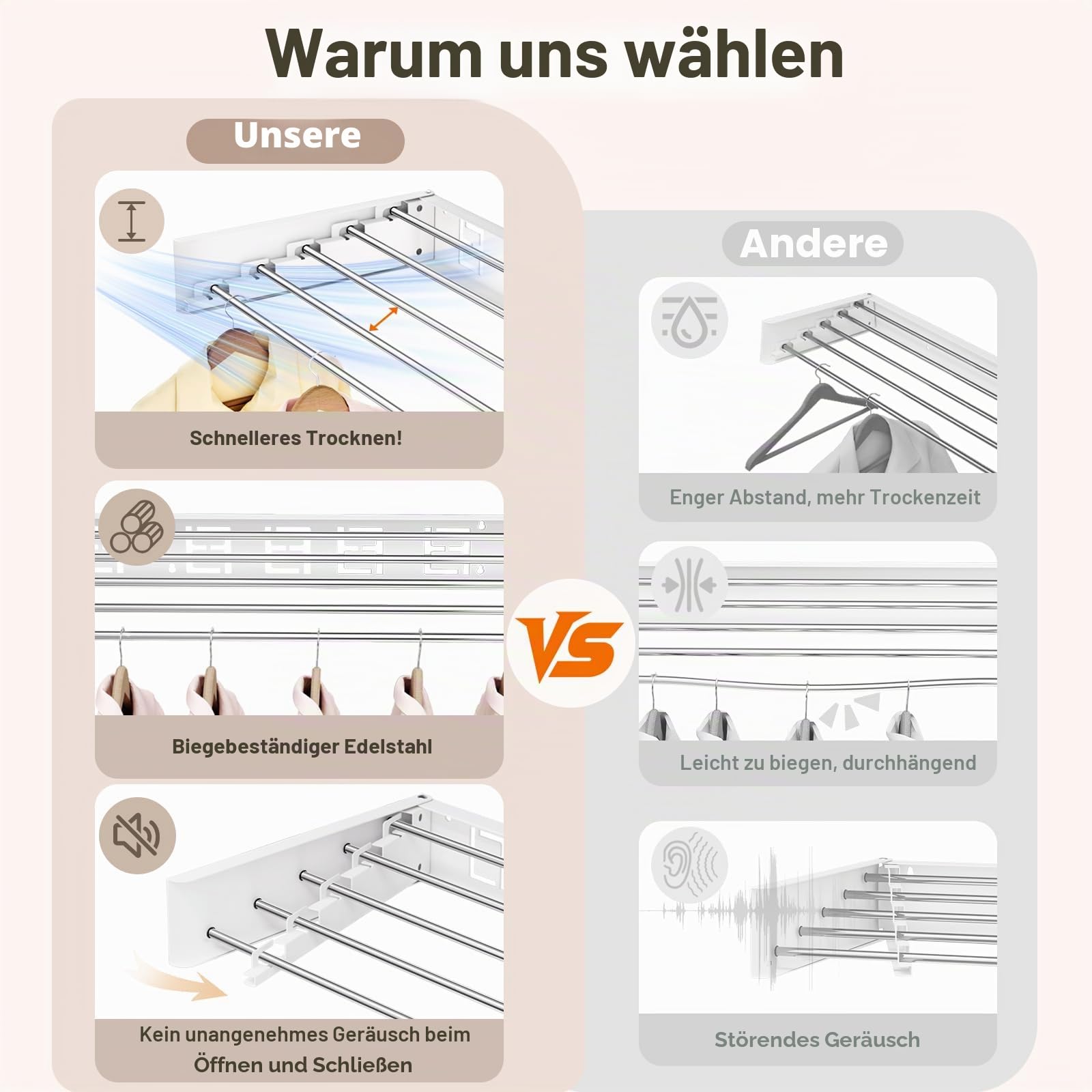 Wandmontierter klappbarer Wäscheständer, Faltbarer unsichtbarer Platzspar-Wäschetrockner, ausziehbarer Handtuchtrockner mit Bohrschablone (6 Trockenstangen, Weiß 100 cm)