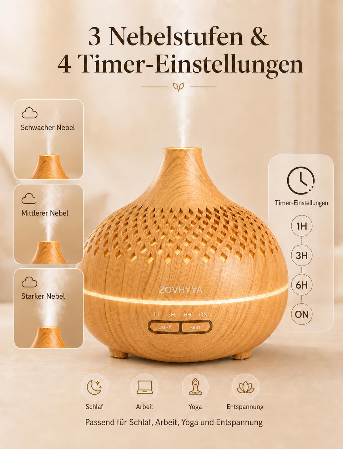 500ML Aroma Diffuser für Ätherische Öle Aromatherapie-Diffuser mit 8 Ölen, Fernbedienung, 4 Timer, 14 Farben und 2 Sprühmodi(Goldgelb)