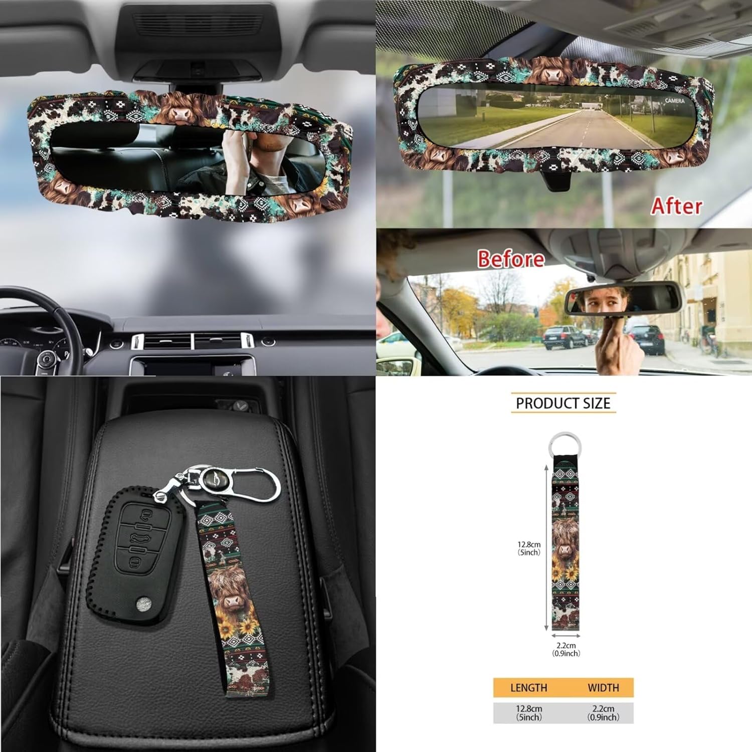 Wanyint Aztec Highland Cow Sunflower Car Seat Cover Seat Protector 15 PCS, with Steering Wheel Cover Seat Belt Pad Garbage Bag Air Vent Bag Rearview Mirror Cover Coasters Key Chain Universal Fit