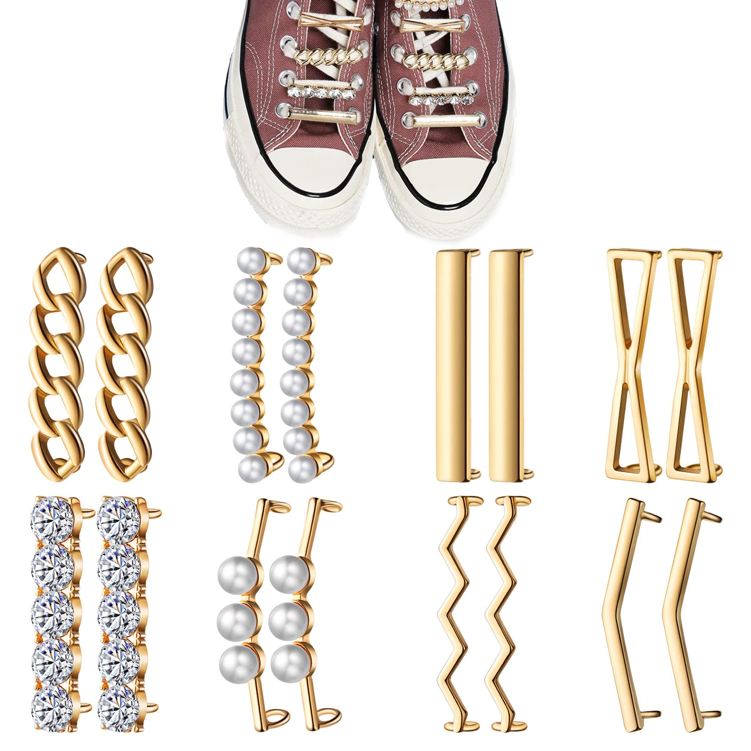 ExceforeShoelace Clips for Sneakers, 16 Pcs Shoelaces Clips, Decorations Charms with Faux Pearl Rhinestone Crystal Metal, DIY Decorative Shoe Clips for Sneakers Women Girls