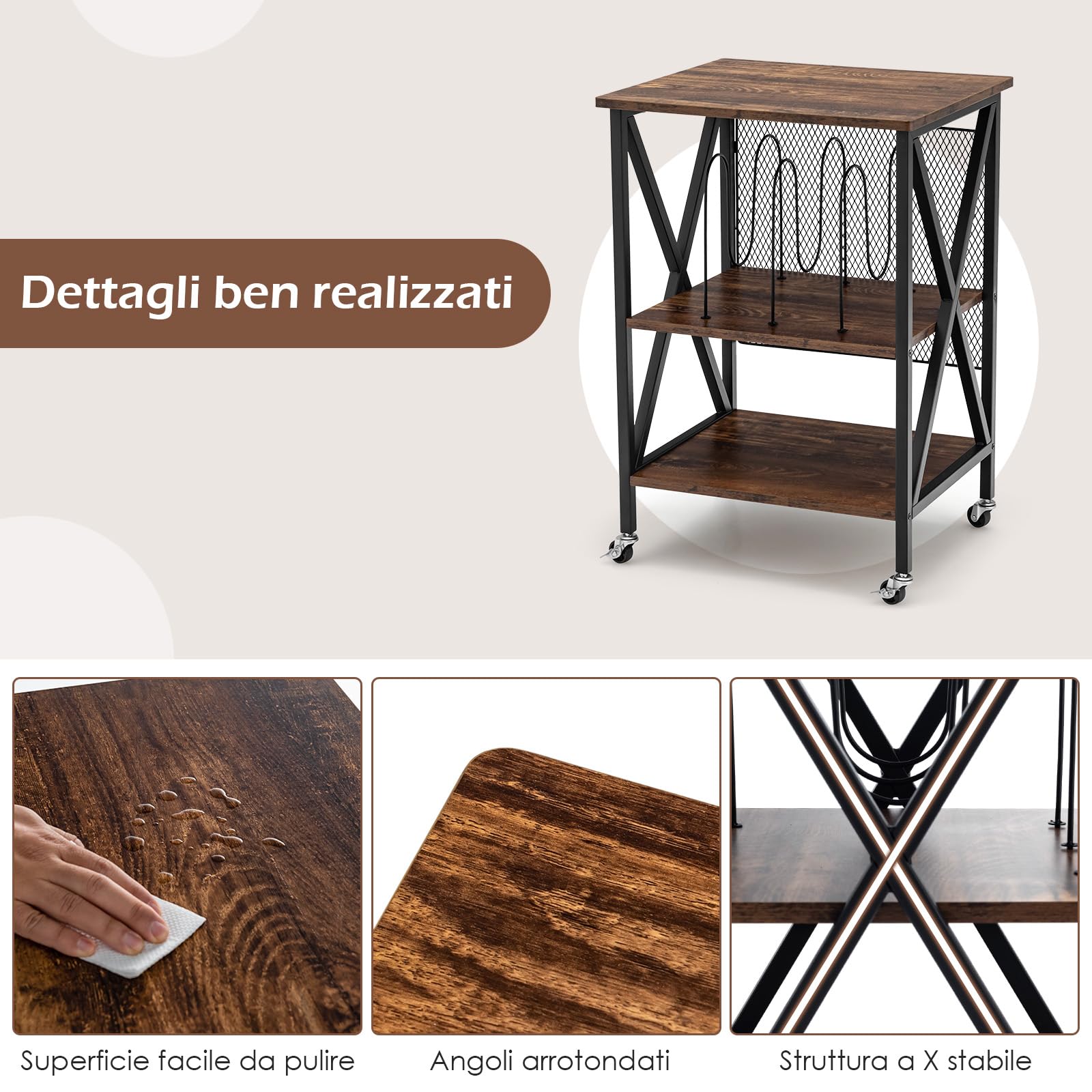 GYMAX Mobiletto Divano Laterale Stretto, 3 Livelli, con Mensole per Dischi in Vinile con 3 Divisori a Forma di M e 4 Ruote, 52 x 45 x 75 cm, Marrone Rustico