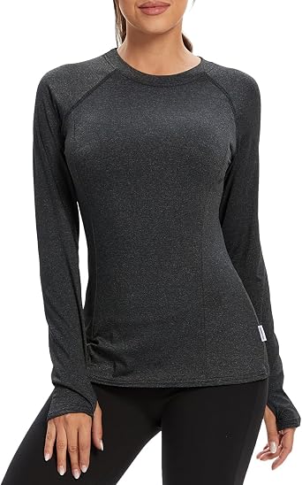 Soneven Womens Thermal Fleece Running Shirts Compression Shirts Quick Dry Workout Pullover Tops with Thumb Holes