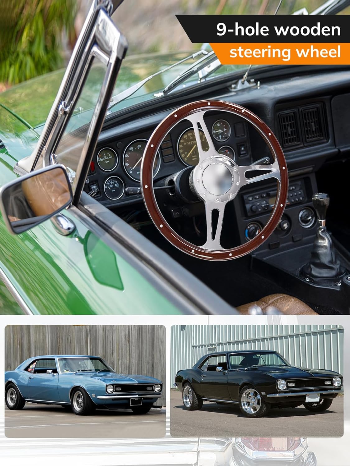 9 Bolt Steering Wheel, 14 Inch Wooden Steering Wheel, Suitable For Most Nine Hole Car Wooden Disc Shaped Steering Wheels