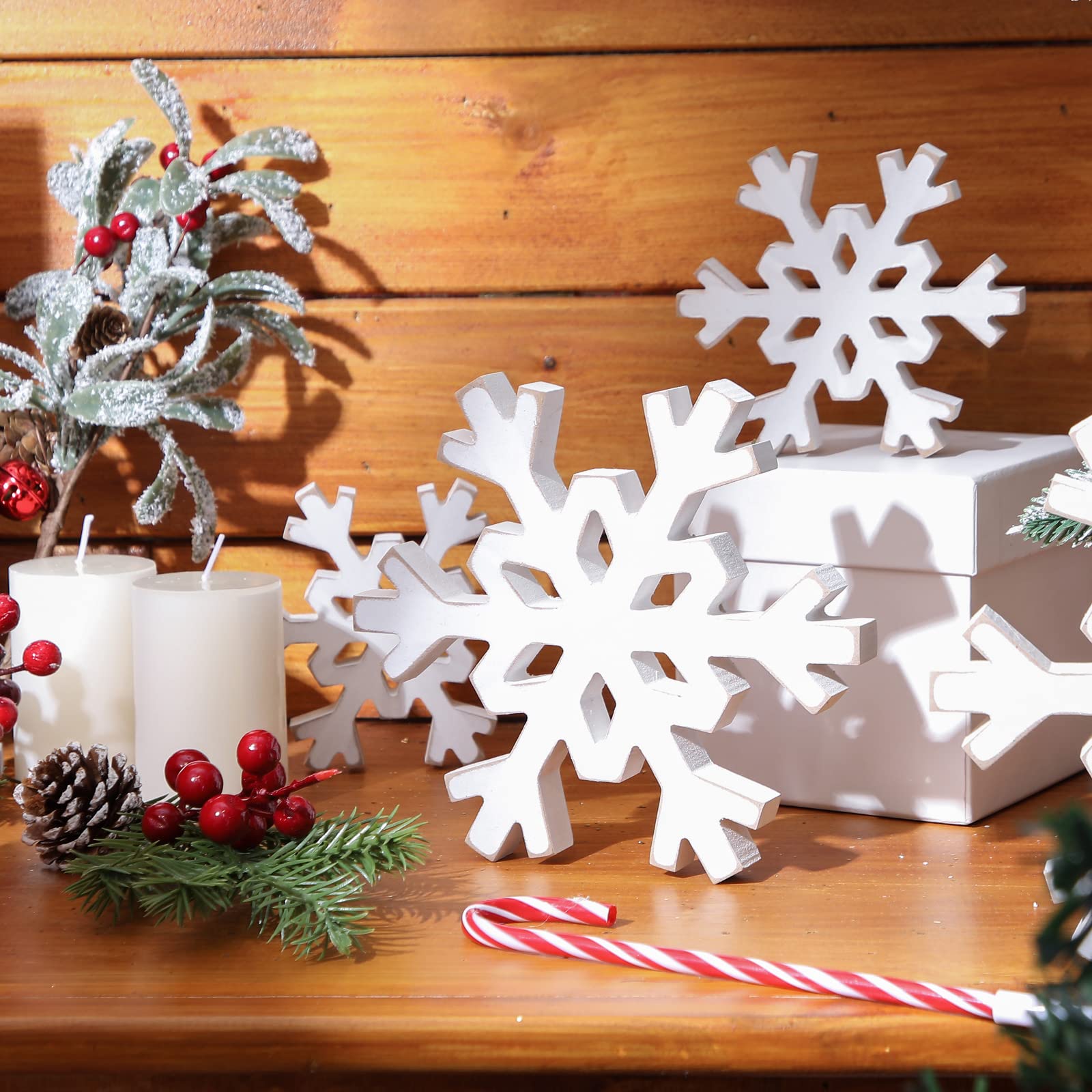 Flocon de neige en bois blanc stable pour centre de table de Noël