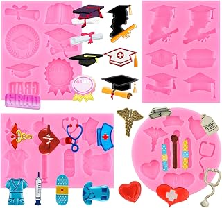 ZiXiang Nurse Graduation Themed Fondant Molds Nurse Hat Stethoscope Thermometer Medical Silicone Molds Graduation Cap Diploma Candy Mold For Cake Decorating Cupcake Topper Chocolate Gum Paste Set Of 4