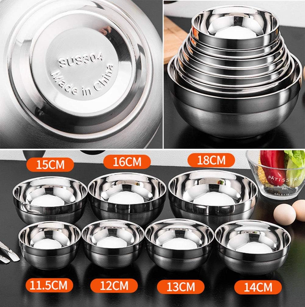5pcs Set Dinnerware Tableware Thick Anti-scald Rice Bowl Unbreakable Double-deck 304 Stainless Steel Food Bowls for Soup, Popcorn, Fruit, Salad, Noodle, etc (5, 14cm Diameter)