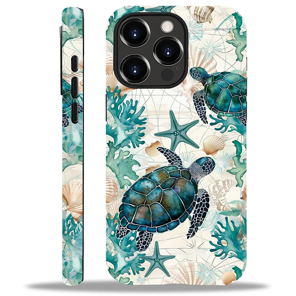 ilikediy for iPhone 13 Pro Case,HH2 Ocean Sea Turtle Nautical Map Hybrid 2 Layer Hard Shell Silicone Protective Pattern Design Case