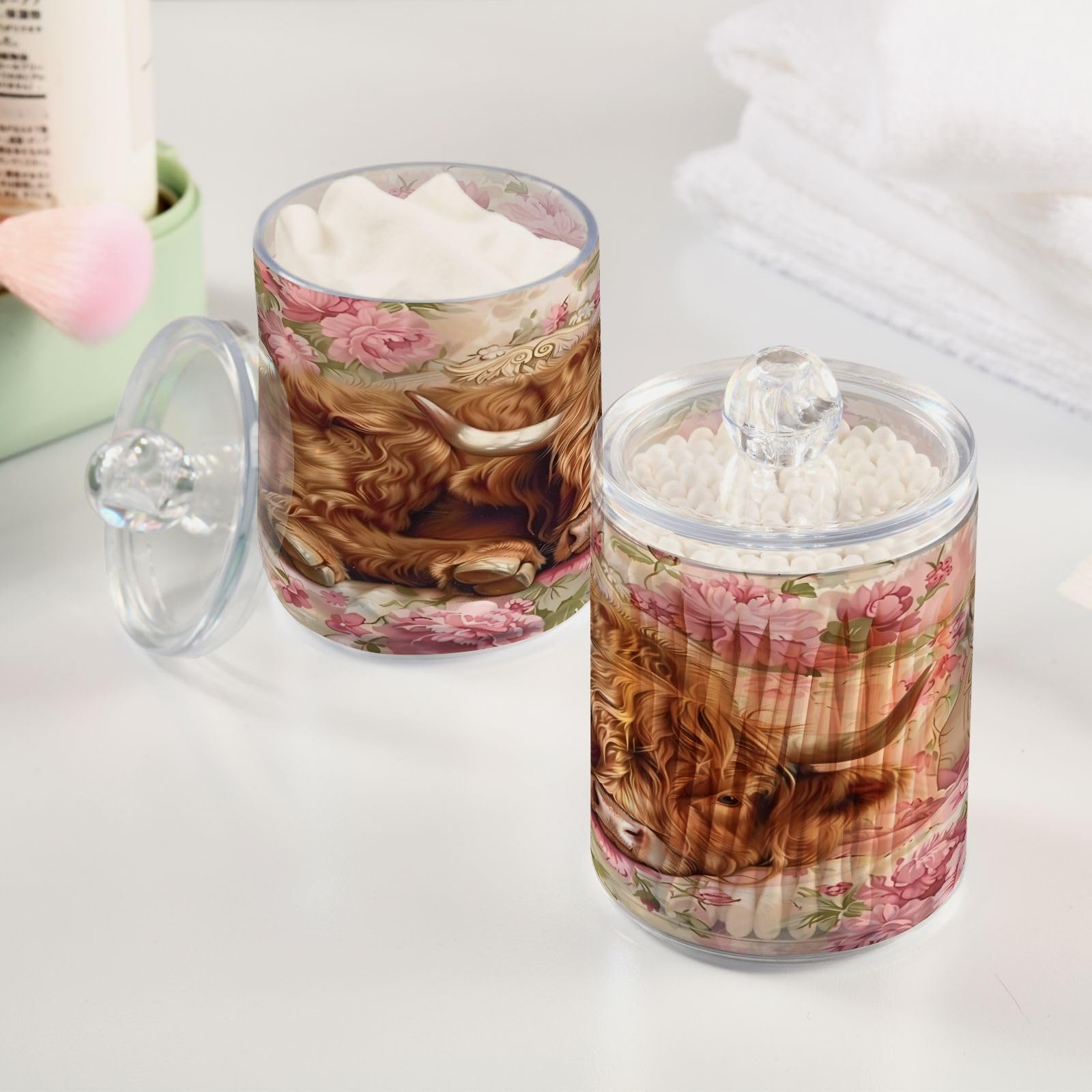 ALAZA 2 Pack Qtip Holder Highland Cow Pink Roses, Cotton Swab Dispenser with Lid Bathroom Containers Canister Organizer Storage Jar