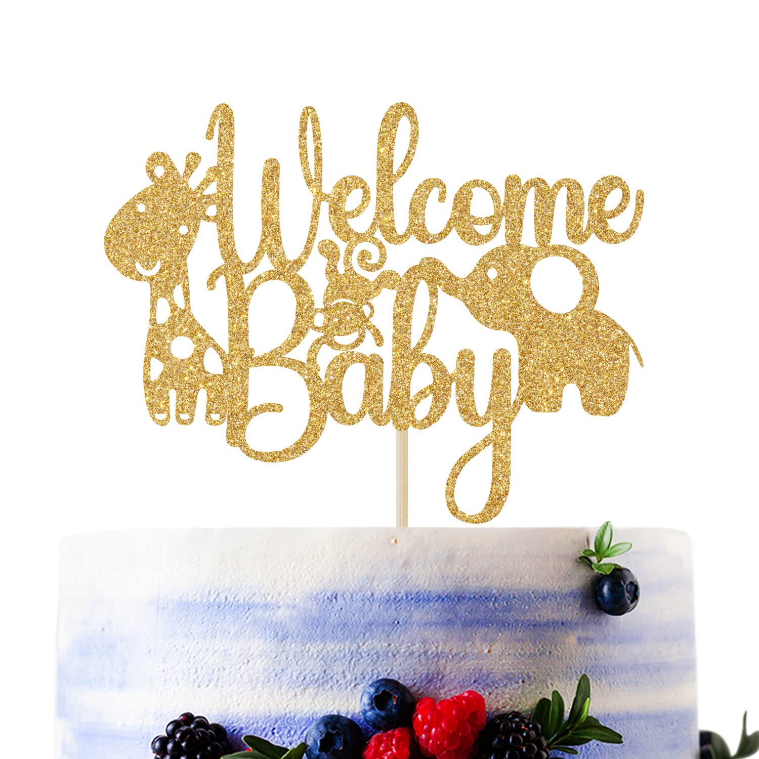 Gold Glitter Welcome Baby Cake Topper, Baby's Birthday Party Decorations, Jungle Wild Animal Themed