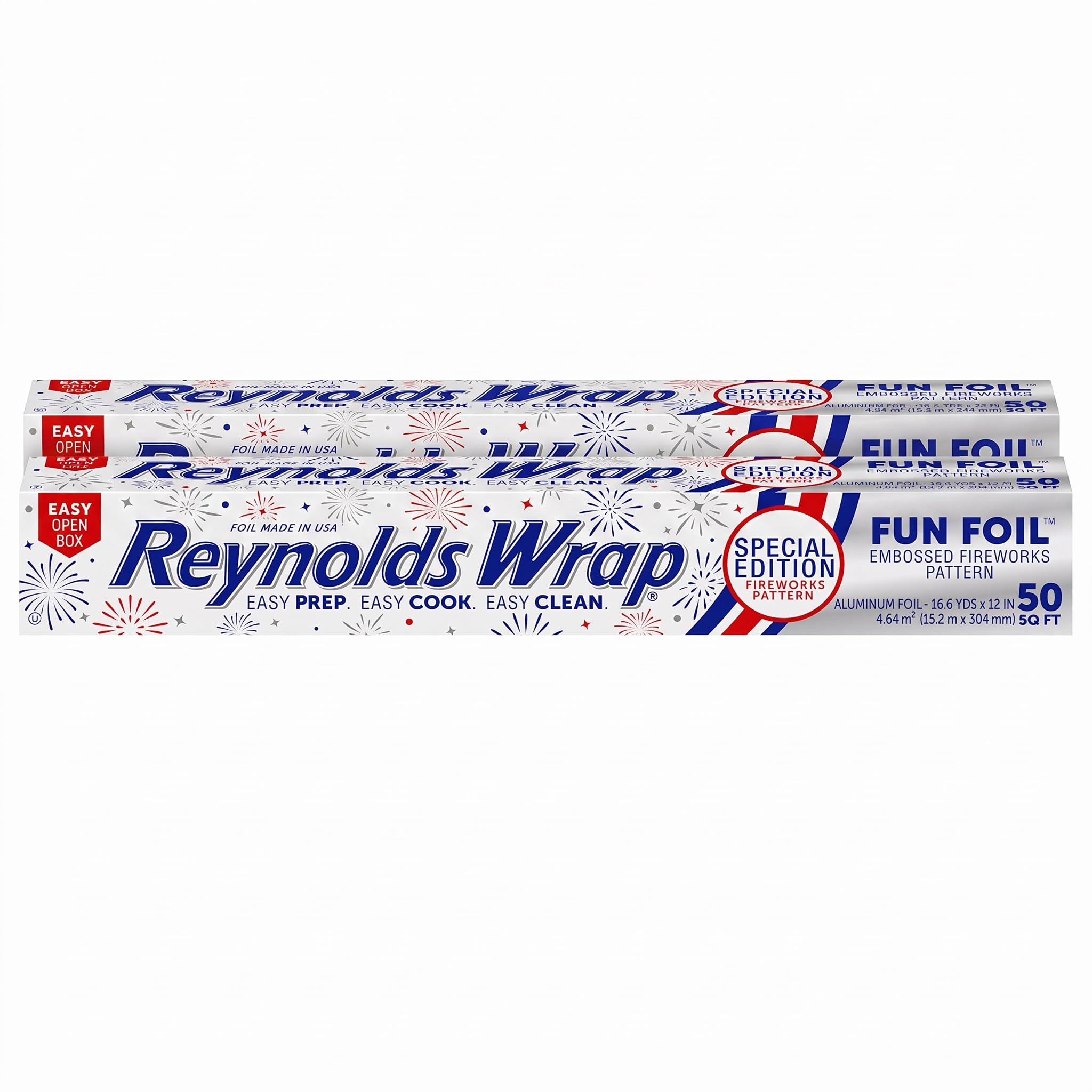 Reynolds Wrap Fun Foil Embossed Aluminum Foil Roll with Special Edition Fireworks Pattern for Wrapping Food Gifts and Covering Summer Dishes for BBQs, 16.6 Yards x 12 Inches, 50 Sq. Ft. (Pack of 2)