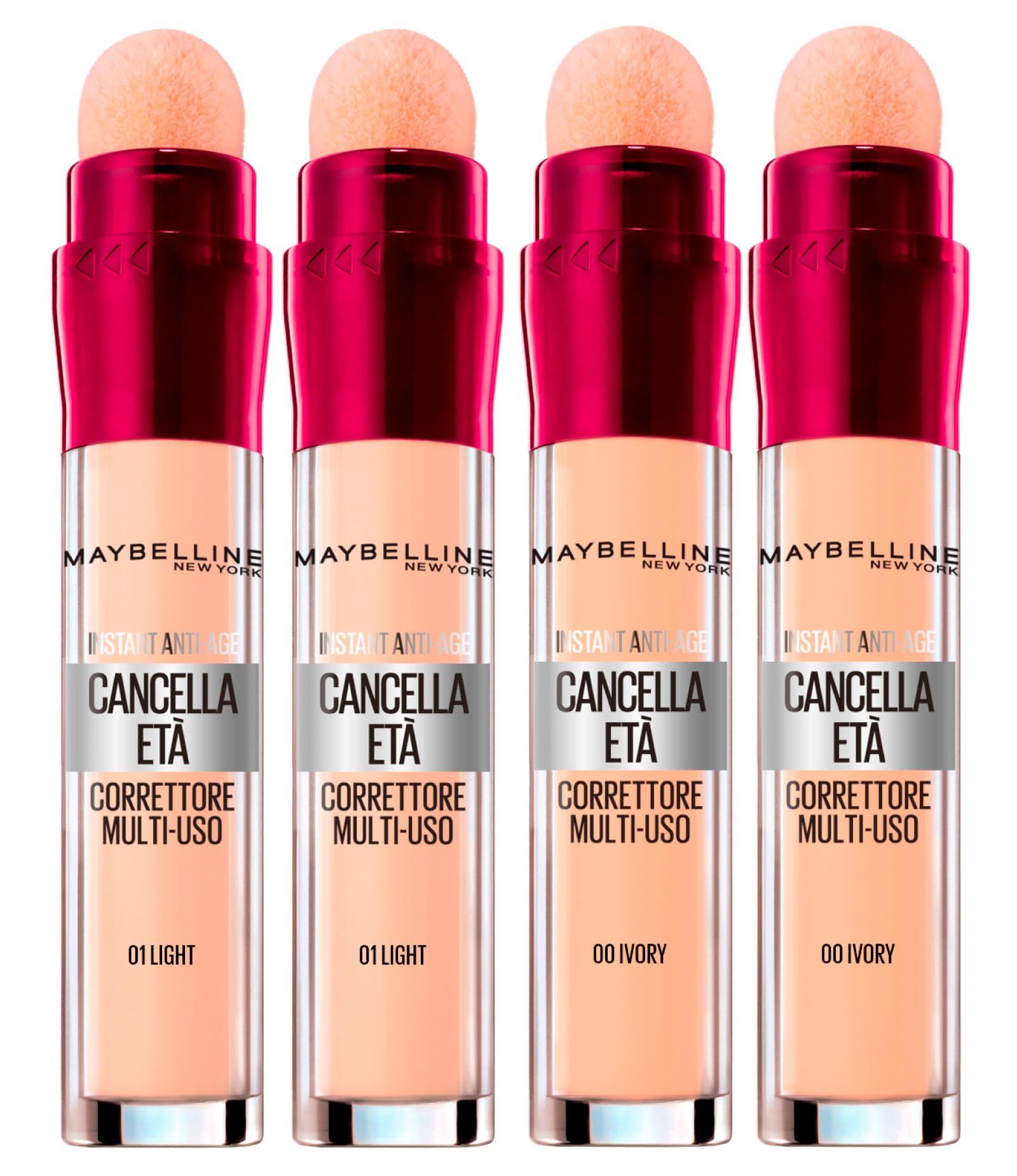 2 x Maybelline Concealer, flüssig, vielseitig verwendbar, Farbe 00 Ivory, mit Schwammapplikator + 2 x Altersentferner, Mehrzweckflüssigkeit, Farbe 01 Hell