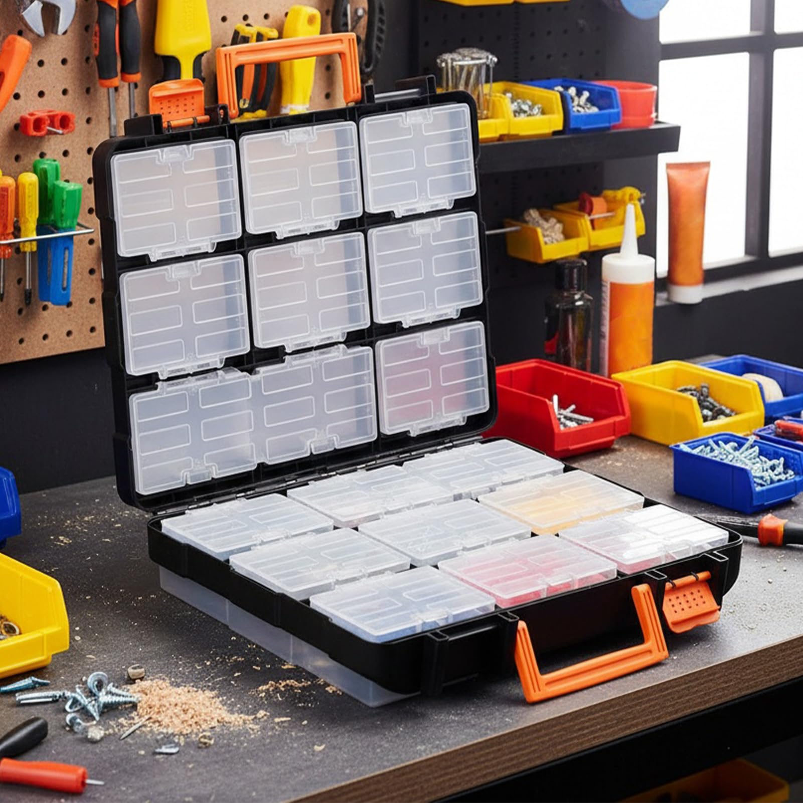 Portautensili Scomponibile con Maniglia Integrata | Scatola Di Archiviazione Trasparente Per Parti Piccole per Viti Bulloni Giocattoli Gioielli Ufficio Garage Officina e Spazio