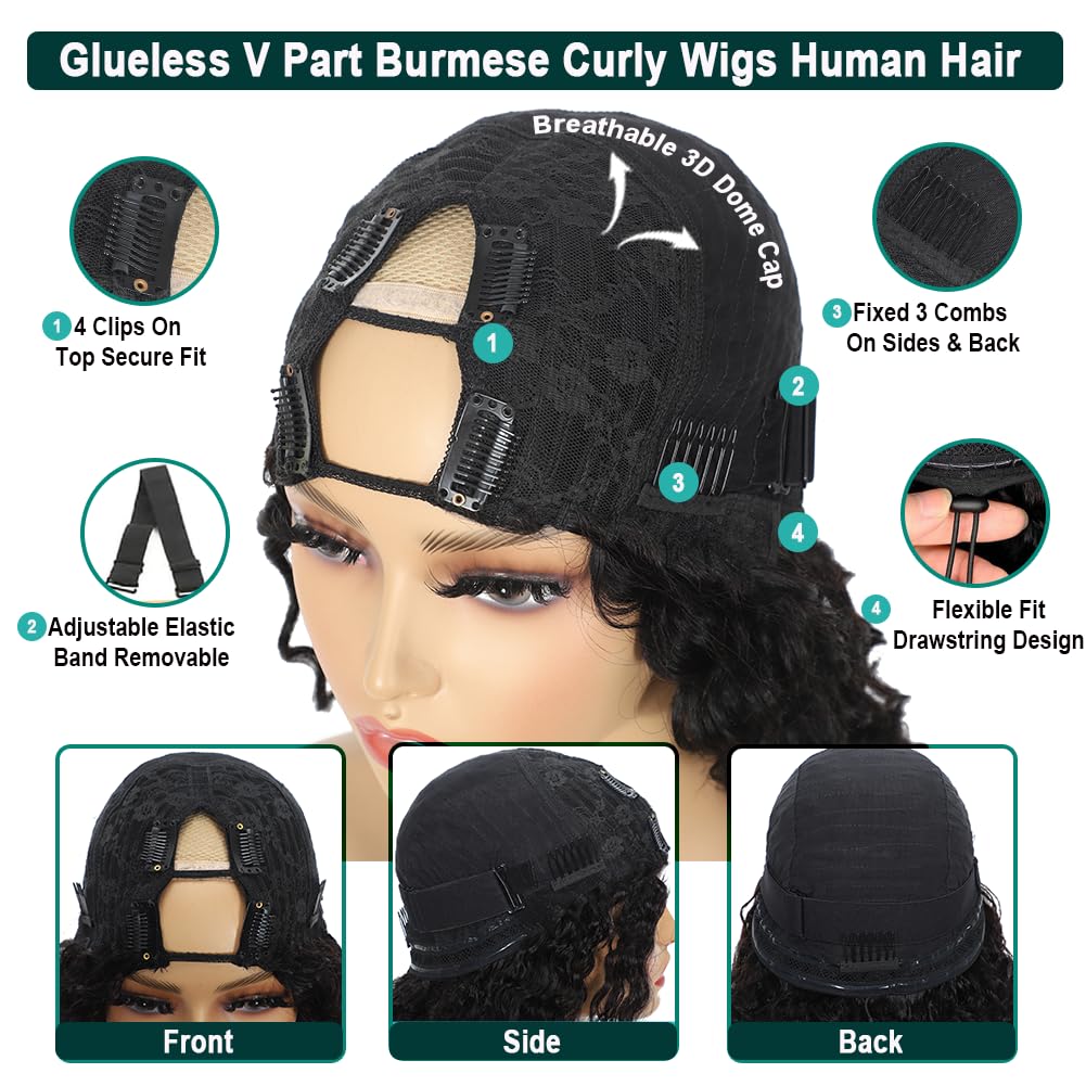22 Inch V Part Burmese Human Hair Wigs with Drawstring 200% Density Glueless V Part Curly Wigs For Black Women Clip in Upgrade U Part Human Hair Wig No Leave Out No Sew In Natural Black