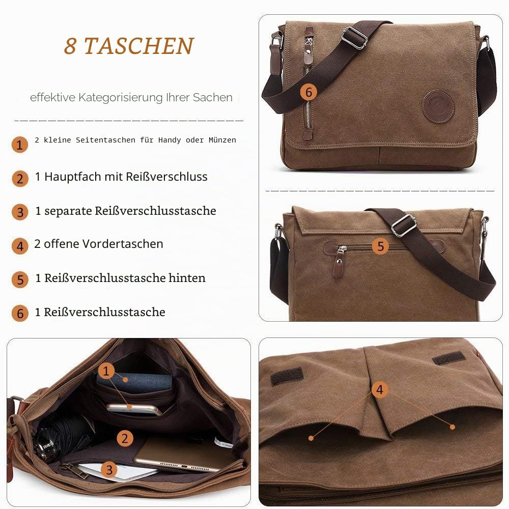 AUGUR Canvas Messenger Bag fur Herren Laptoptasche 13 Zoll Umhangetasche Vintage Herren Umhangetasche Mittlere Arbeitstasche (braun)