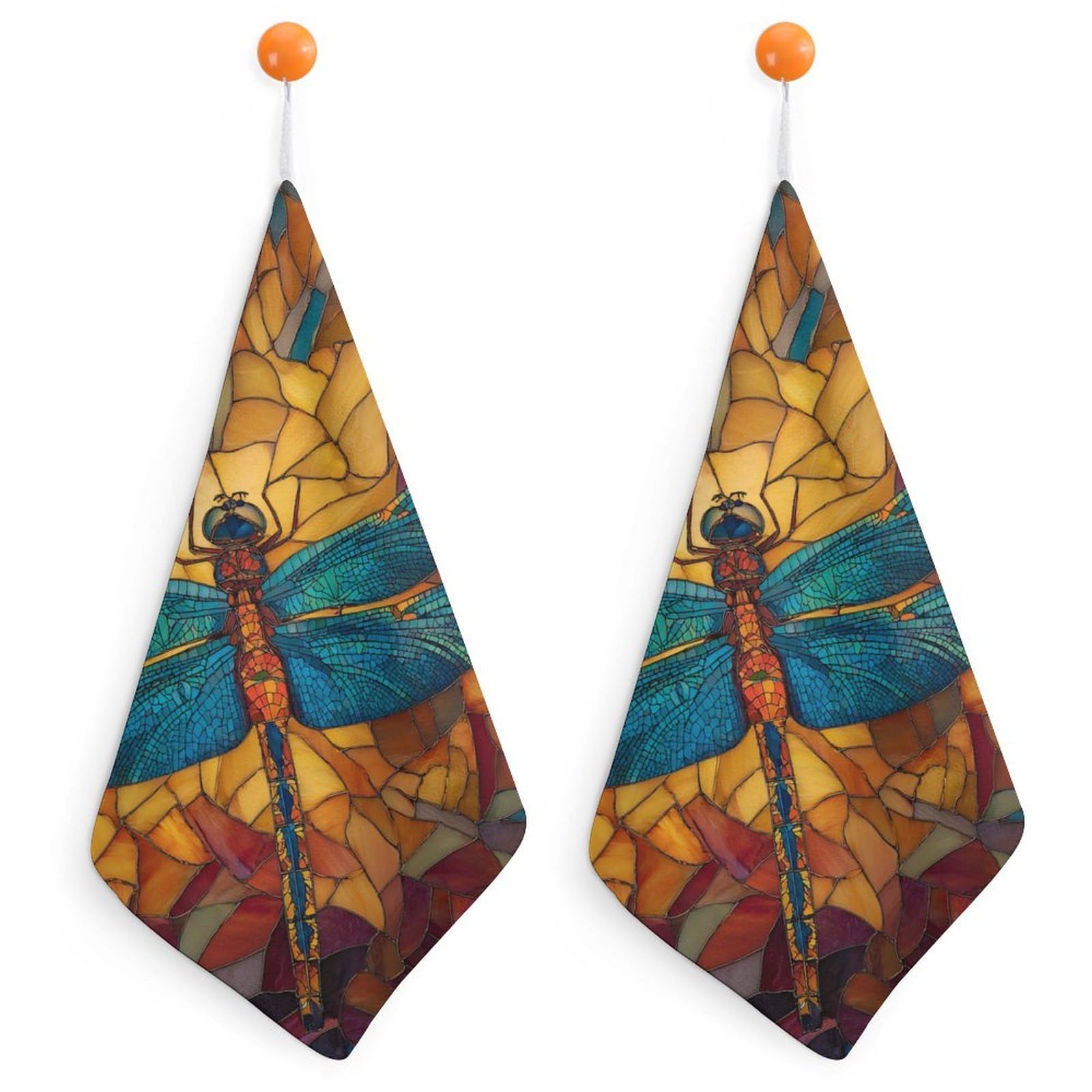 Jubonexis Stained Glass Style A Dragonfly Small Hand Towel with Hanging Loop 2 PCS Absorbent Soft Wash Cloth for Kitchen Bathroom