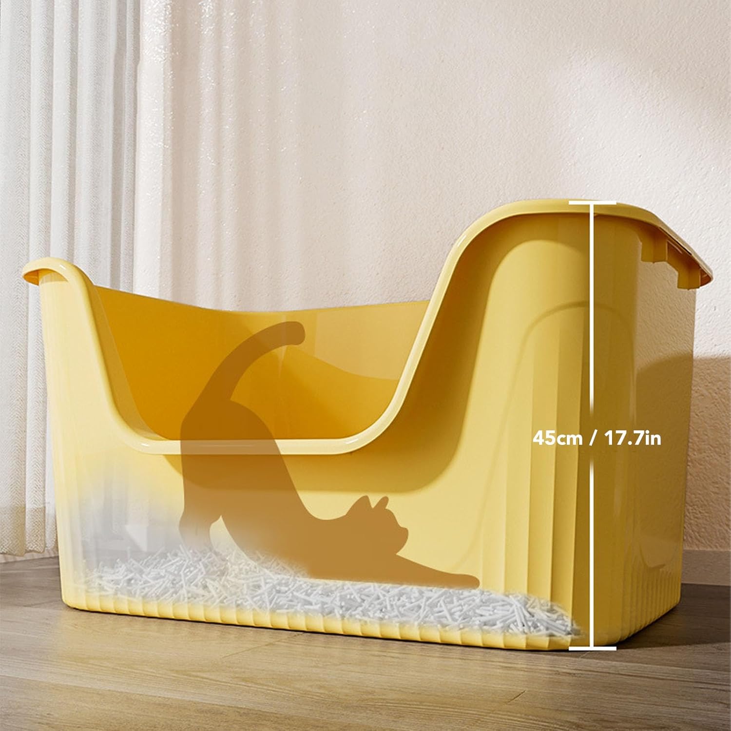 Large Cat Litter Box, Open Kitty Litter Pan Groove Design Sturdy Easy to Clean High Sides for Home (Yellow)