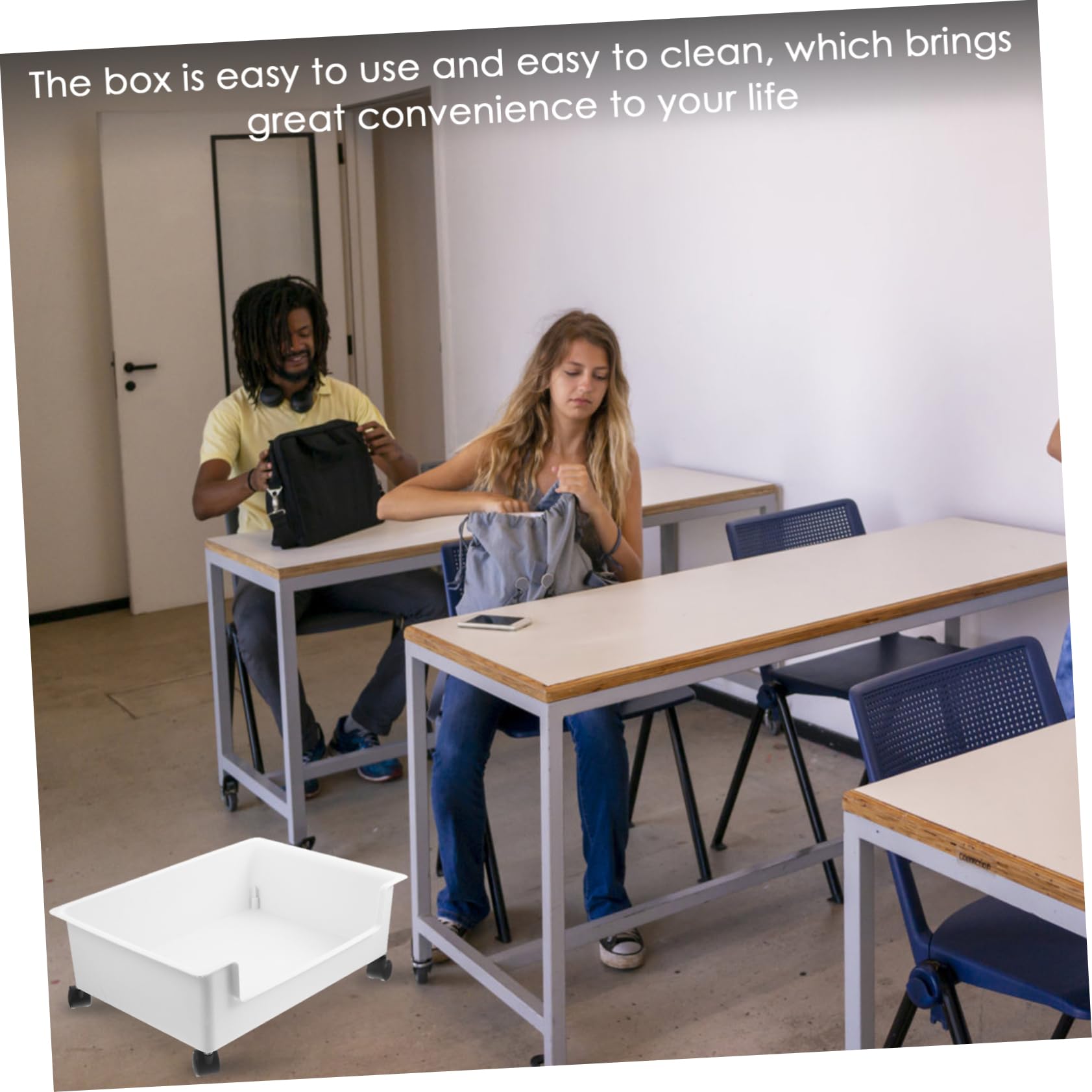 Contenitore Porta Libri con Ruote in Plastica Bianco per Camerette Studenti, Organizer per Back To School Party con Superficie Liscia e Design Semplice