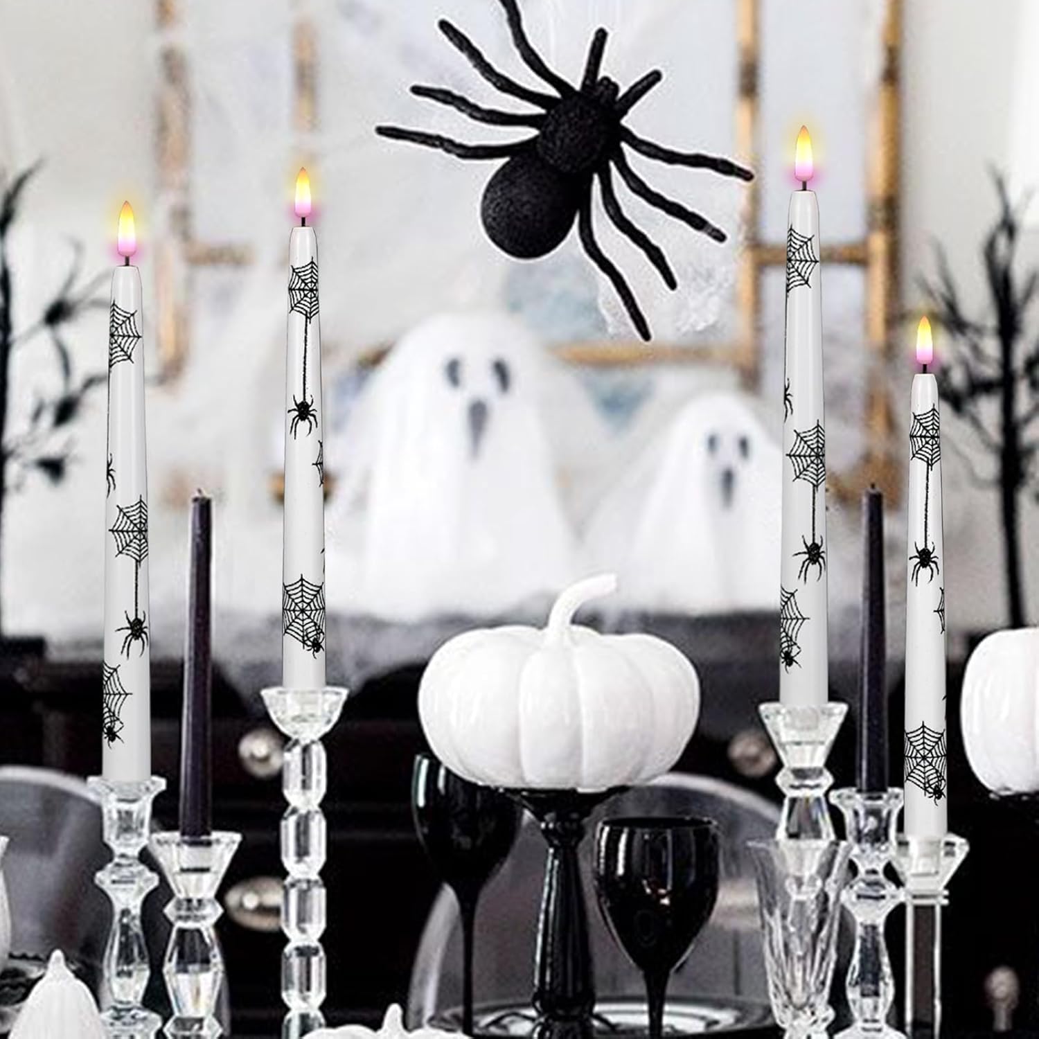 Wondise Halloween Flameless Taper Candles with Remote & Timer, 4 Pack Spider Battery Operated LED Flickering Real Wax Candle for Halloween Decorations