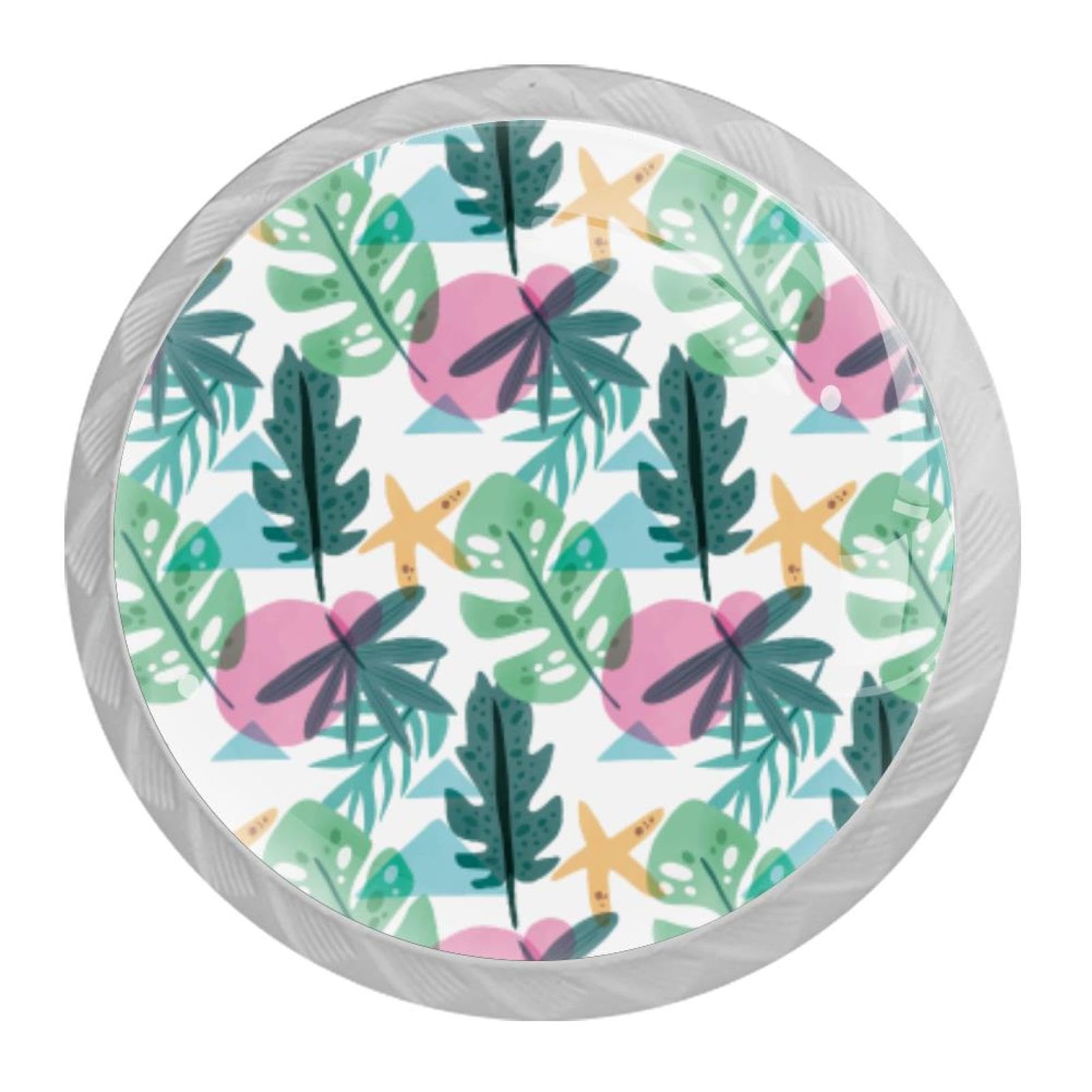 Tqmspg Multi02 4 Pieces Drawer Pulls Tropical Palm Leaves Pattern Door Knobs Dresser Handles For Kitchen Wardrobe Cupboard Hardware Furniture